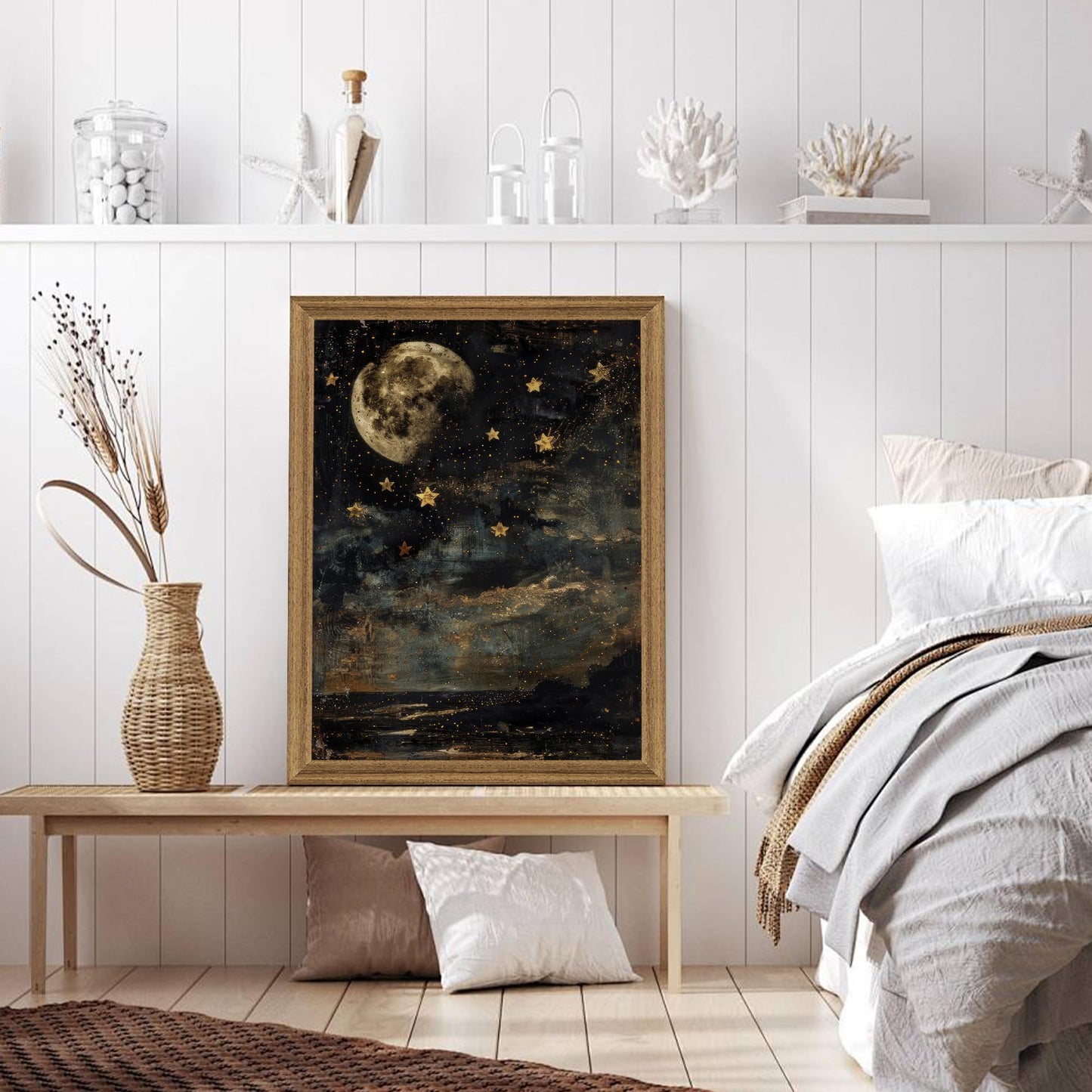 Palette Dreams Framed Vintage Moon and Stars Canvas Wall Art 12x16 inches