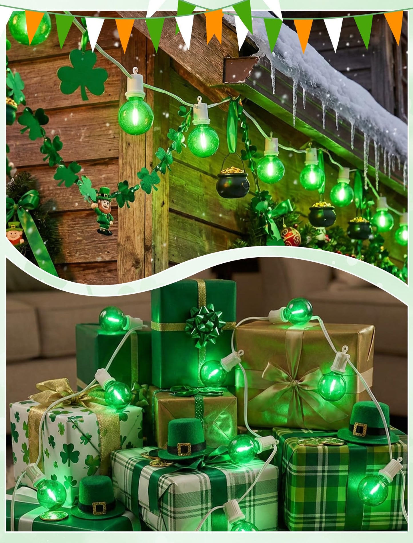 G40 LED St. Patrick's Day String Lights Outdoor, 25Ft St Patricks Decorations Lights Outdoor with Clear Green Round Bulbs, Hanging Patio Lights Shatterproof for Indoor Home Decor Party, White Wire