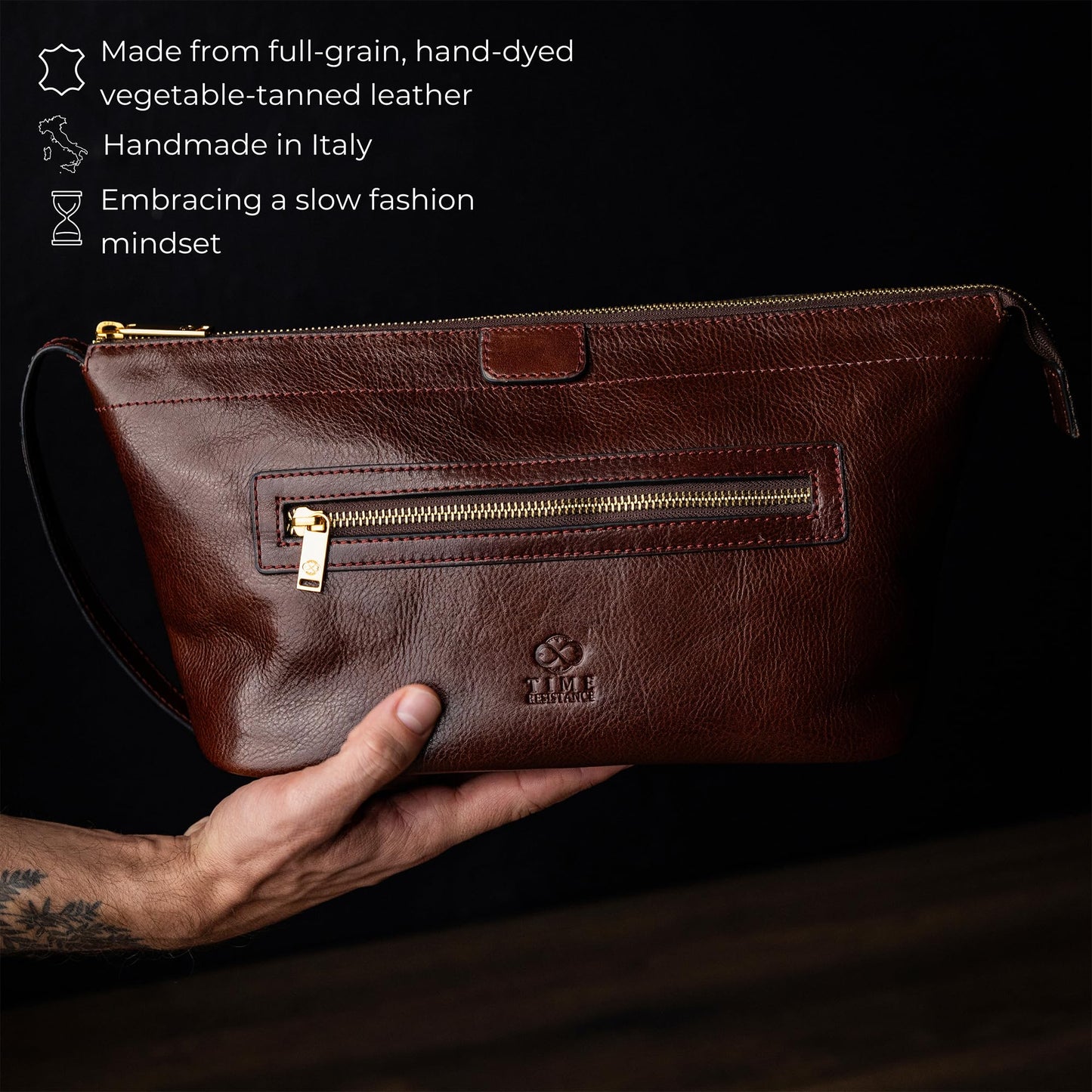 Time Resistance Leather Toiletry Bag - Dopp Kit, Full-grain Leather Cosmetic Case, Wash Bag (Brown)