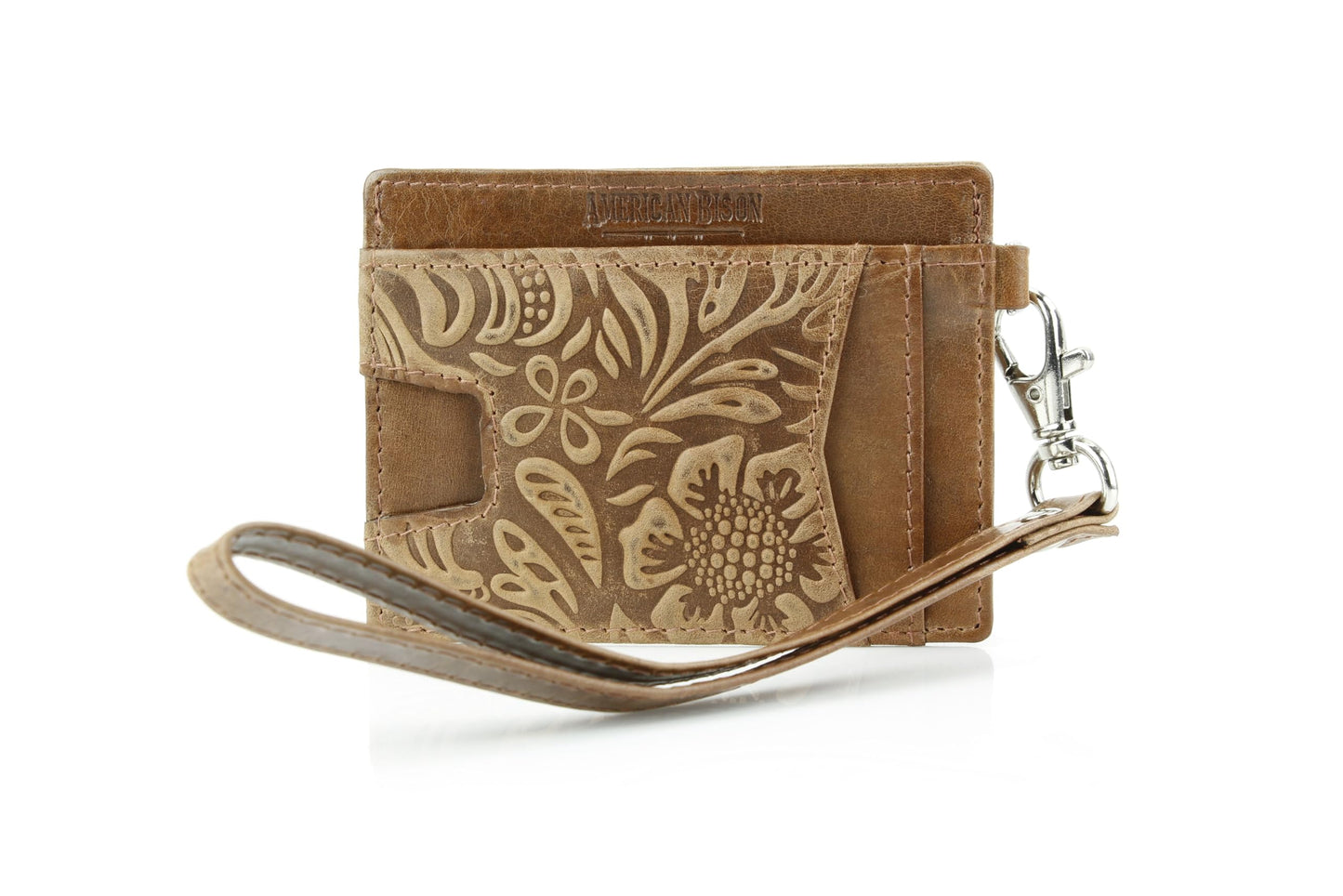 American Bison Embossed Floral Wristlet Wallet for Women – Small ID Card Holder with Credit Card Slots & Pull Tab Organizer – Compact Leather Wrist Strap Clutch (Tan)