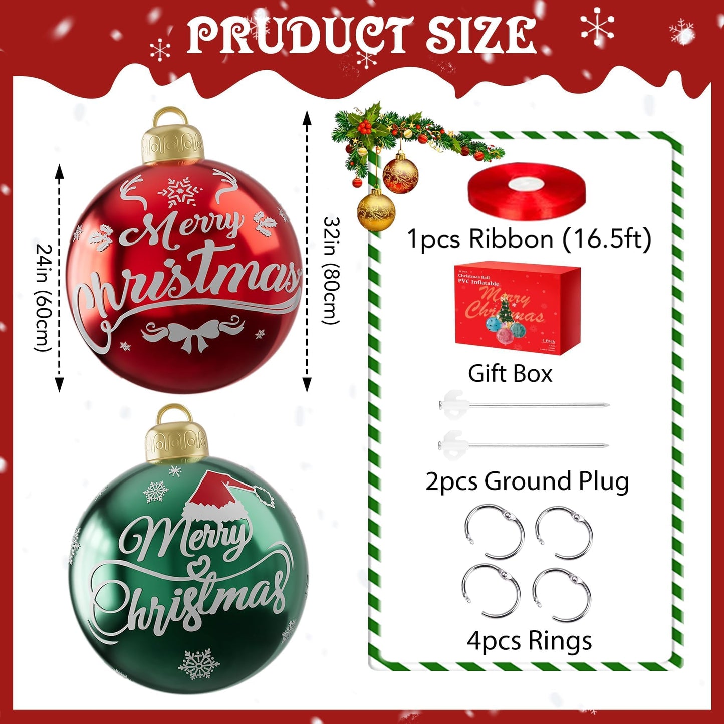 2PCS 24 Inch Inflatable Christmas Balls, PVC Large Inflatable Christmas Ornaments Blow up Ornament Ball, Blow up Ornament Xmas Decorations for Outside Holiday Yard Lawn Decor(Red Green Merrychristmas