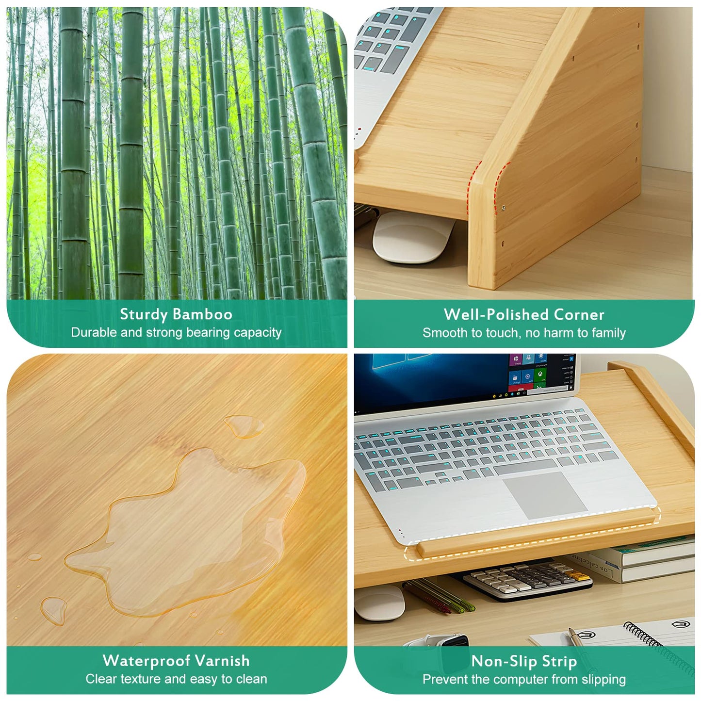 Ufine Bamboo Laptop Stand for Desk 3 Heights Adjustable Notebook Stand Computer Monitor Riser with 2 Tier Storage Shelf, Desktop Organizer Printer Stand for Home Office