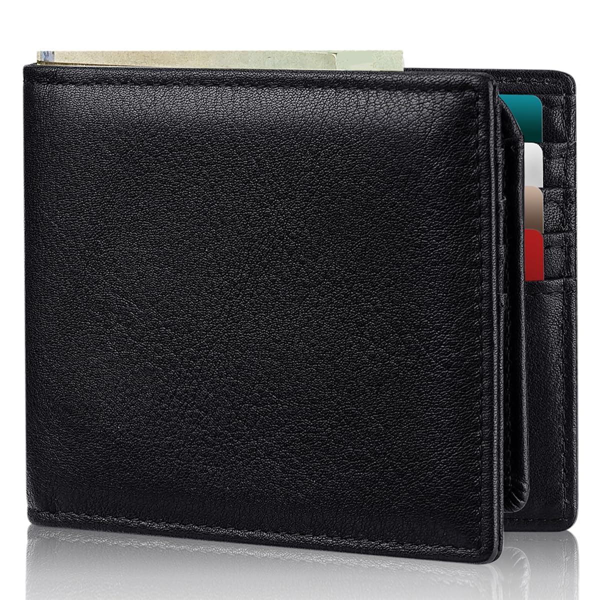 Plinvo Men's Genuine Leather Bifold Wallet RFID Blocking with 2 ID Windows 11 Card Slots 2 Cash Pockets & Gift Box (Black)