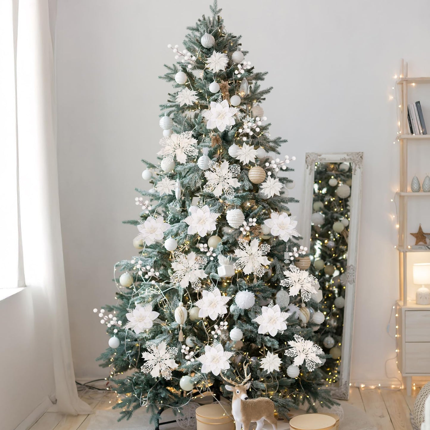 N&T NIETING 24 Pcs Christmas Poinsettia Artificial Flowers & Glitter Berries Stems Kit Christmas Floral Picks Christmas Tree Garland Wreath Filler Ornaments for Home Party Xmas Decor, White