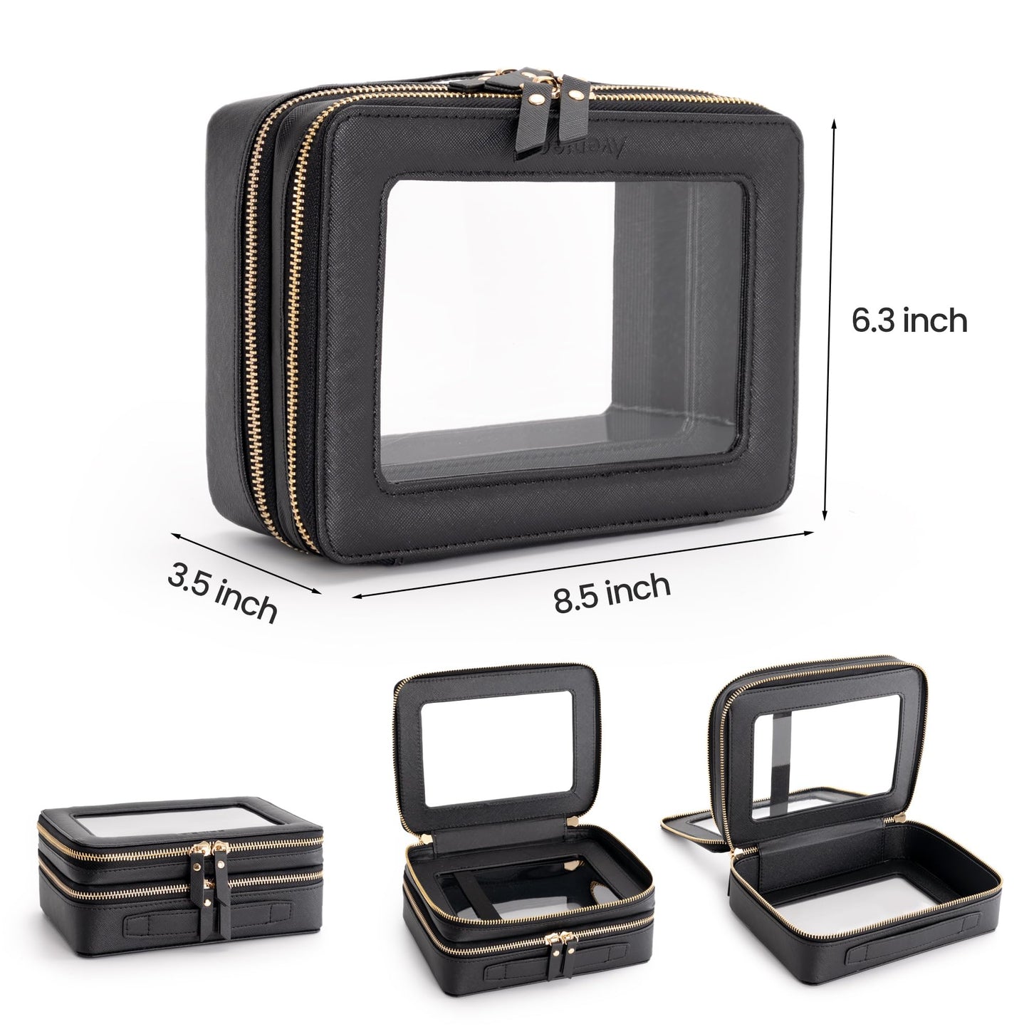 Aveniee Clear Makeup Bags,Double Layer Cosmetic Bags with Separate Brush Compartment,Large Travel Toiletry Bag Cosmetic Case,Travel Accessories Organizer for Women,2 Layers,Black