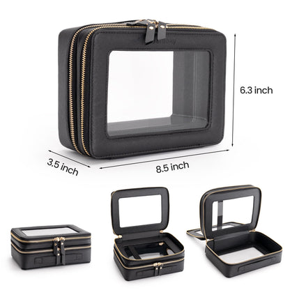 Aveniee Clear Makeup Bags,Double Layer Cosmetic Bags with Separate Brush Compartment,Large Travel Toiletry Bag Cosmetic Case,Travel Accessories Organizer for Women,2 Layers,Black