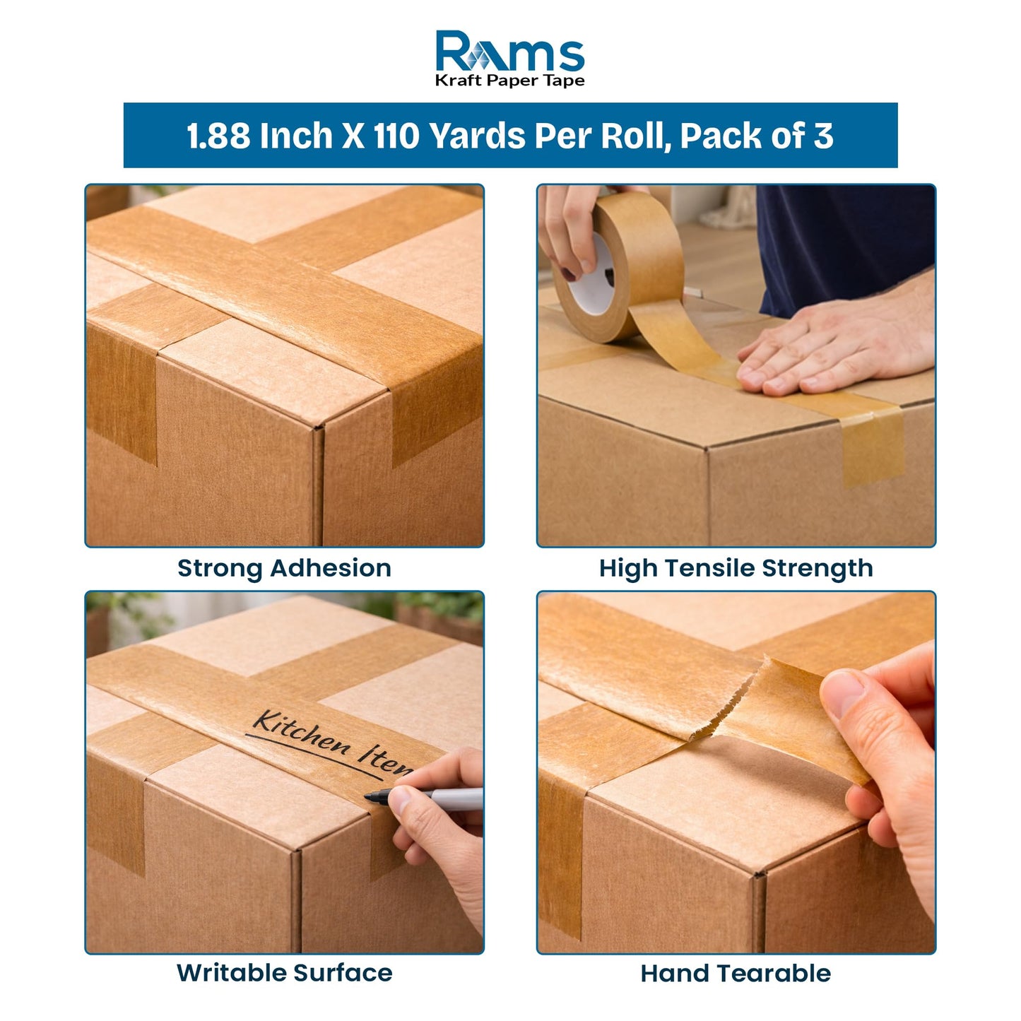Rams Kraft Paper Packing Tape, Pack of 3, 1.88 Inch X 110 Yards (100 Metre / 328 Feet Per Roll) Total 330 Yards / 984 Feet, Big Roll for Shipping, Moving, Packing & Sealing