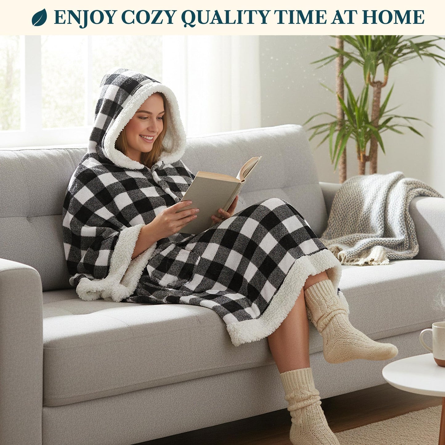PAVILIA Hooded Blanket Poncho, Women Sherpa Fleece Shawl Wrap with Hood, Wearable Blanket Cozy Warm Poncho Cape Throw with Pockets, Gift for Elderly Mom, Black and White Buffalo Plaid Checkered