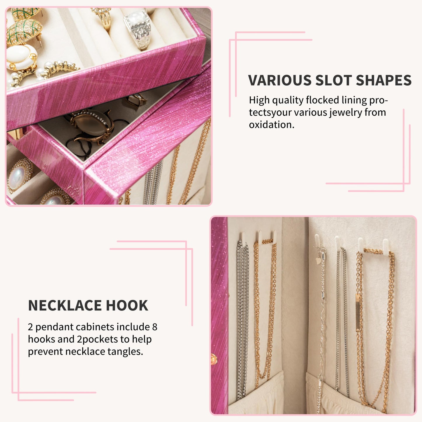 AKOZLIN 6-Tier Jewelry Box Lockable Leather Jewelry Storage Case with 5 Drawers for Women Girls Ring Necklace Earring Bracelet Holder Organizer with Mirror Rose
