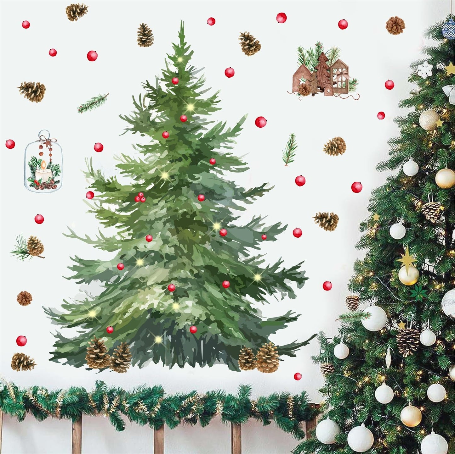 Large Pine Tree Wall Stickers Watercolor Christmas Tree Wall Decals Peel and Stick Removable Evergreen Trees Decal Winter Merry Christmas Art Murals for Living Room Kitchen Gift Xmas Party Supplies
