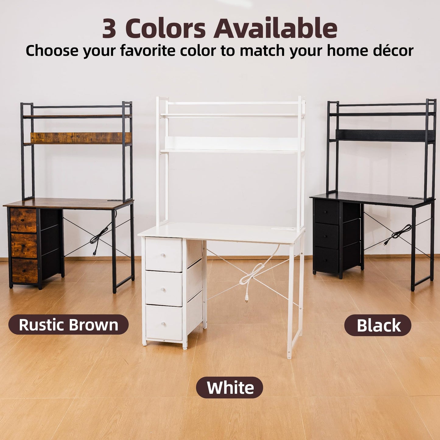 Aquzee Computer Desk with Drawers, 47 inch Desk Hutch, Gaming Desk with Storage Shelves, Power Outlets & Bookshelves, Study Writing Desks for Bedroom Living Room Home Office, White