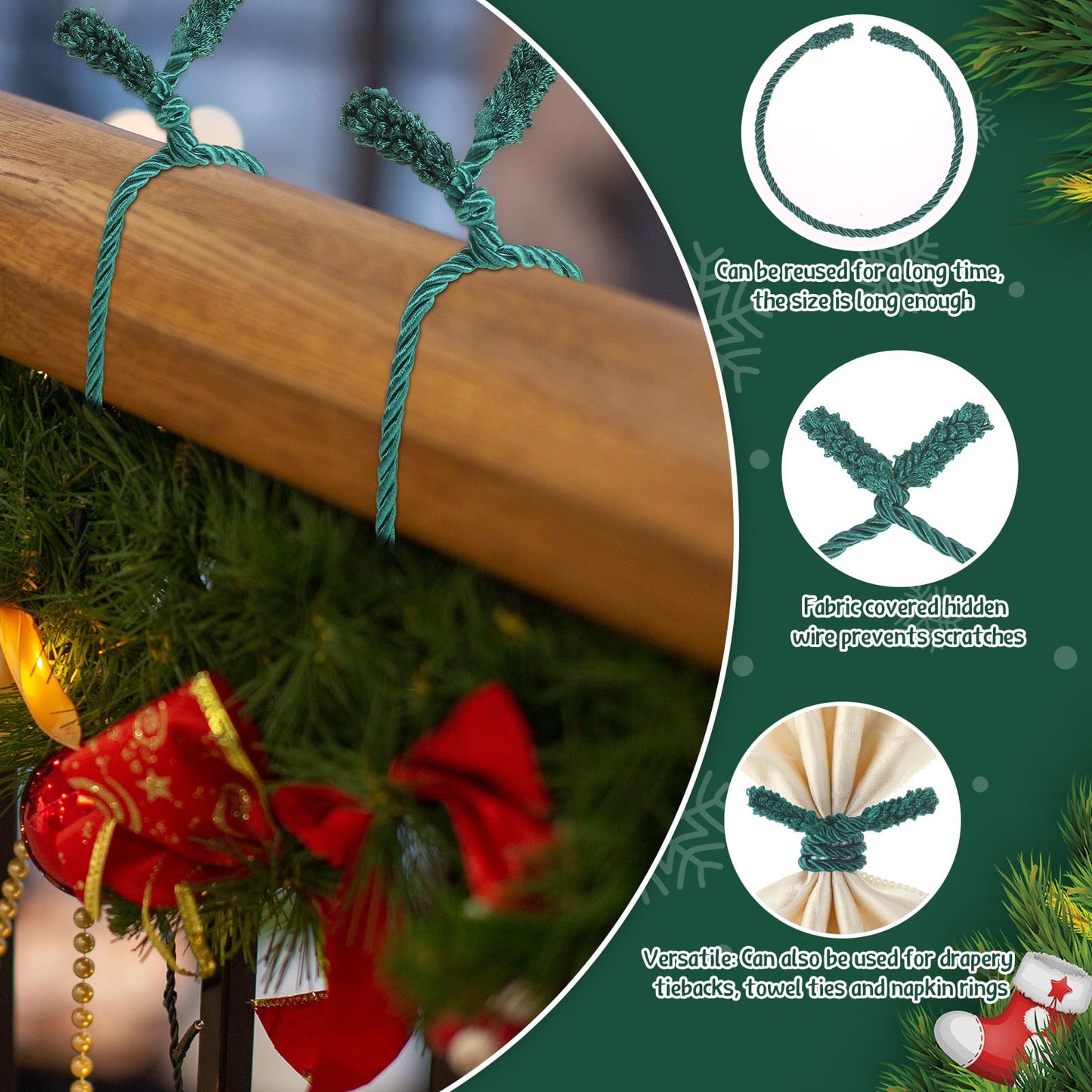 Zhengmy 24 Pcs Christmas Garland Ties Extra Long 30'' 25'' 20'' Green Decorative Twist Tie for Banister Reusable Flexible Twist Tie for Garland Stairway Railing Home Xmas Holiday Decor