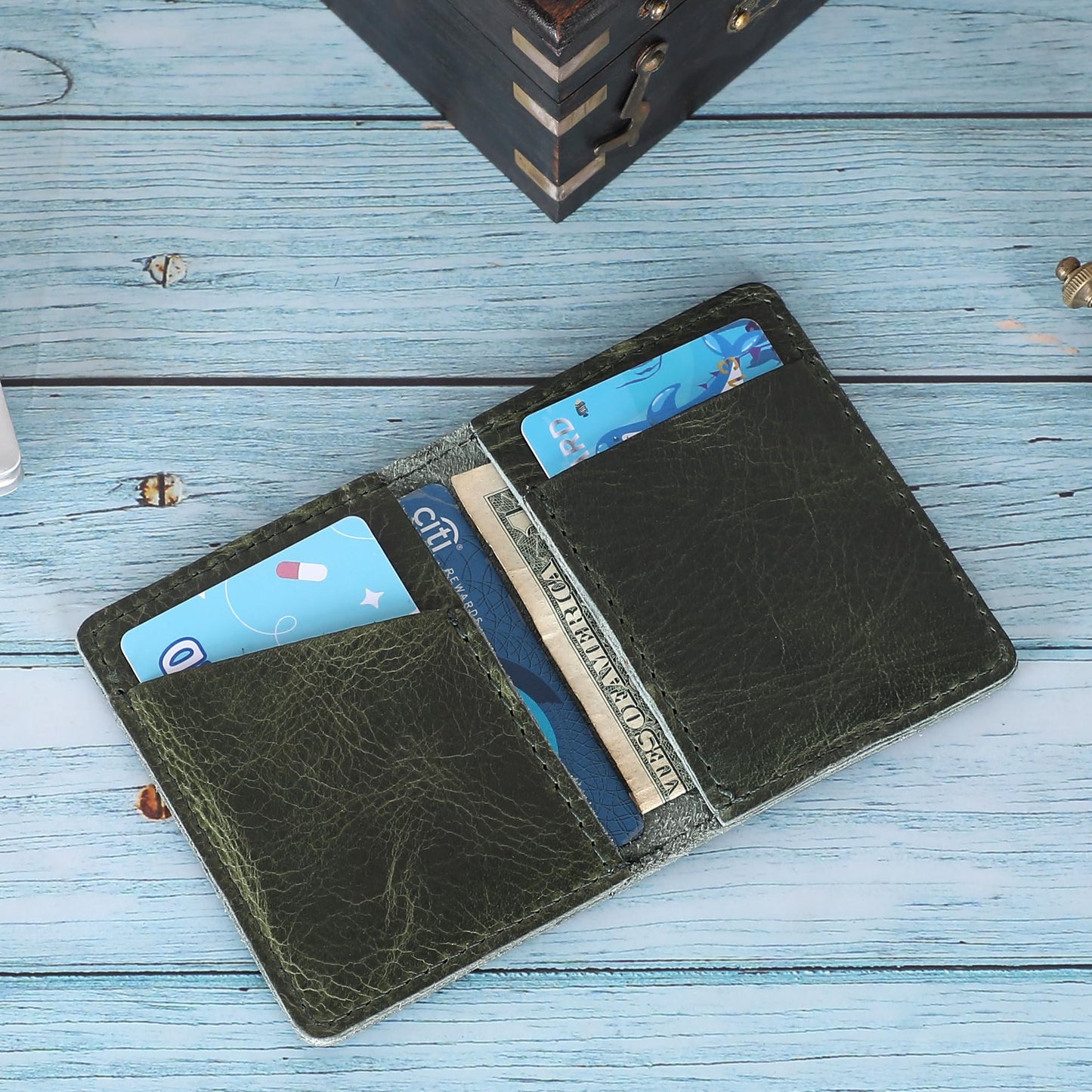 TheAntiq Genuine Leather Bifold Card Holder Wallet for Men & Women Slim Minimalist Front Pocket Credit Card Wallet, Compact Travel & Everyday Carry - Forest Green