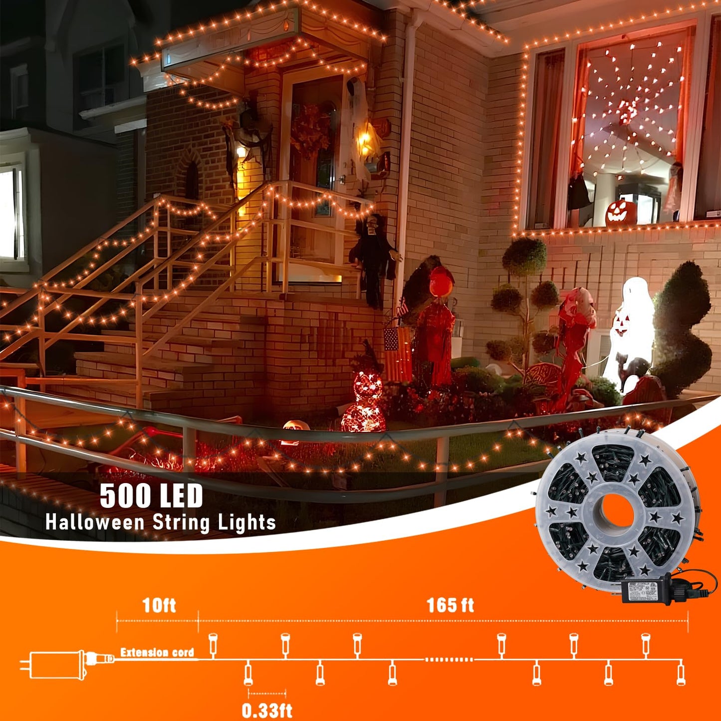 QITONG 165ft 500 LED Orange String Lights, Twinkle Lights Outdoor Waterproof with 8 Modes, Green Wire Orange Christmas Light Plug in Indoor with Timer Memory