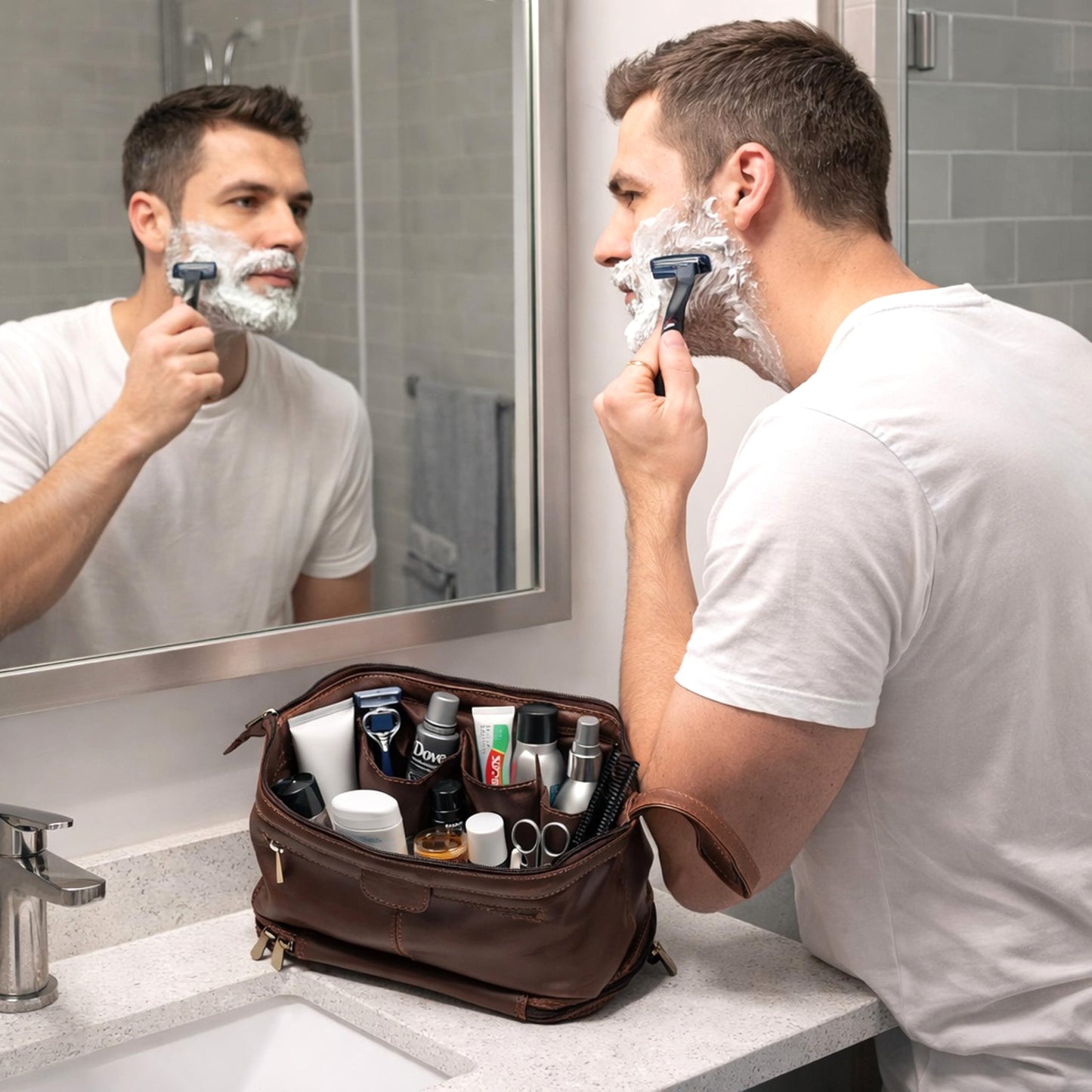cuero Premium Genuine Leather Toiletry Bag for Men – Large Double Layer Travel Dopp Kit with Zipper Compartments,Lining & Handle – 9.5” Travel Shaving Organizer