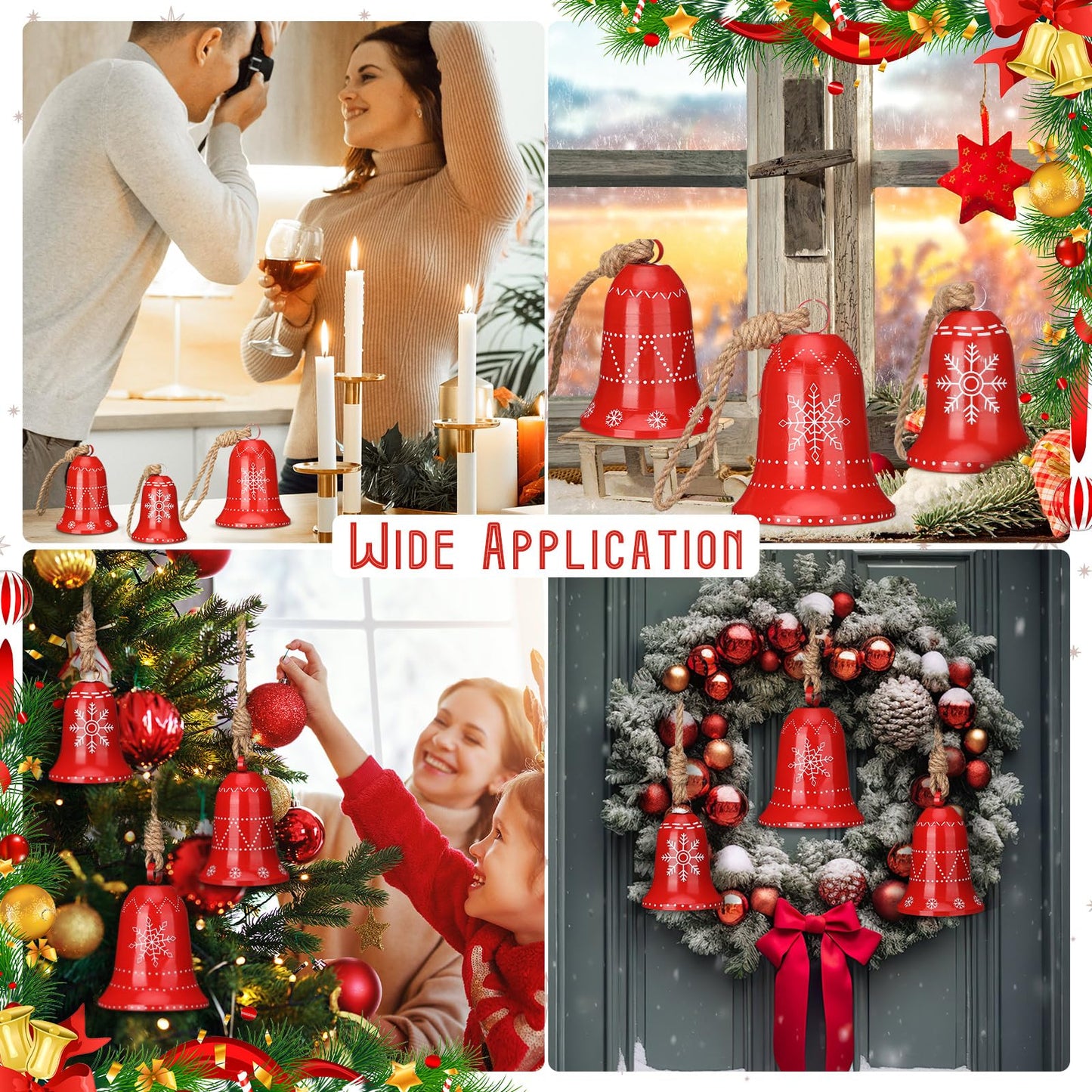 Halloscume 3 Set Snowflake Cow Bells Gift Winter Decor, Large Red Metal Bell Ornaments Decorations, Rustic Winter Outside Home Wind Chime for Christmas Tree Holiday Xmas Party Decoration