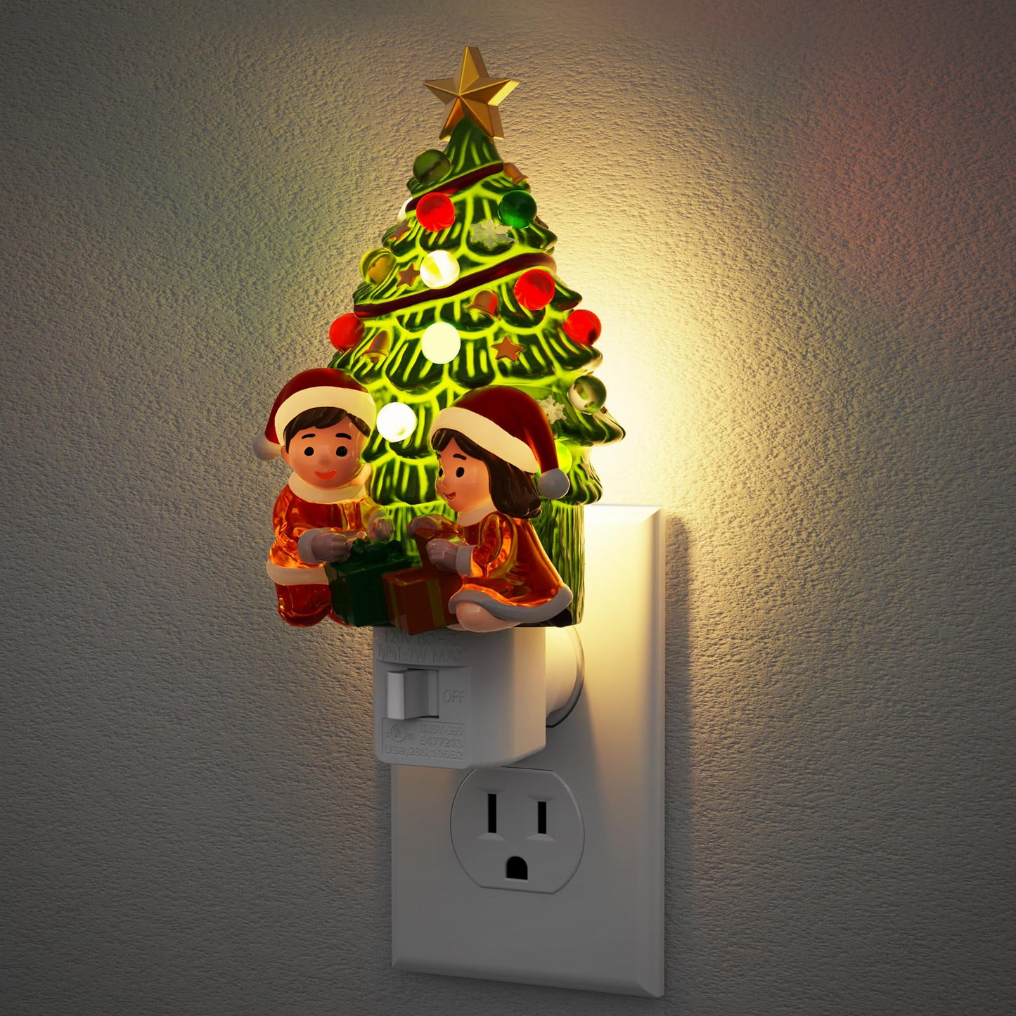 JandCase Christmas Tree & Santa Claus Night Light, 3000K Night Lights Plug into Wall,Cute & Funny Ceramics Christmas Night Light for Kids, 360° Rotatable for Home Party Decor,1 Pack
