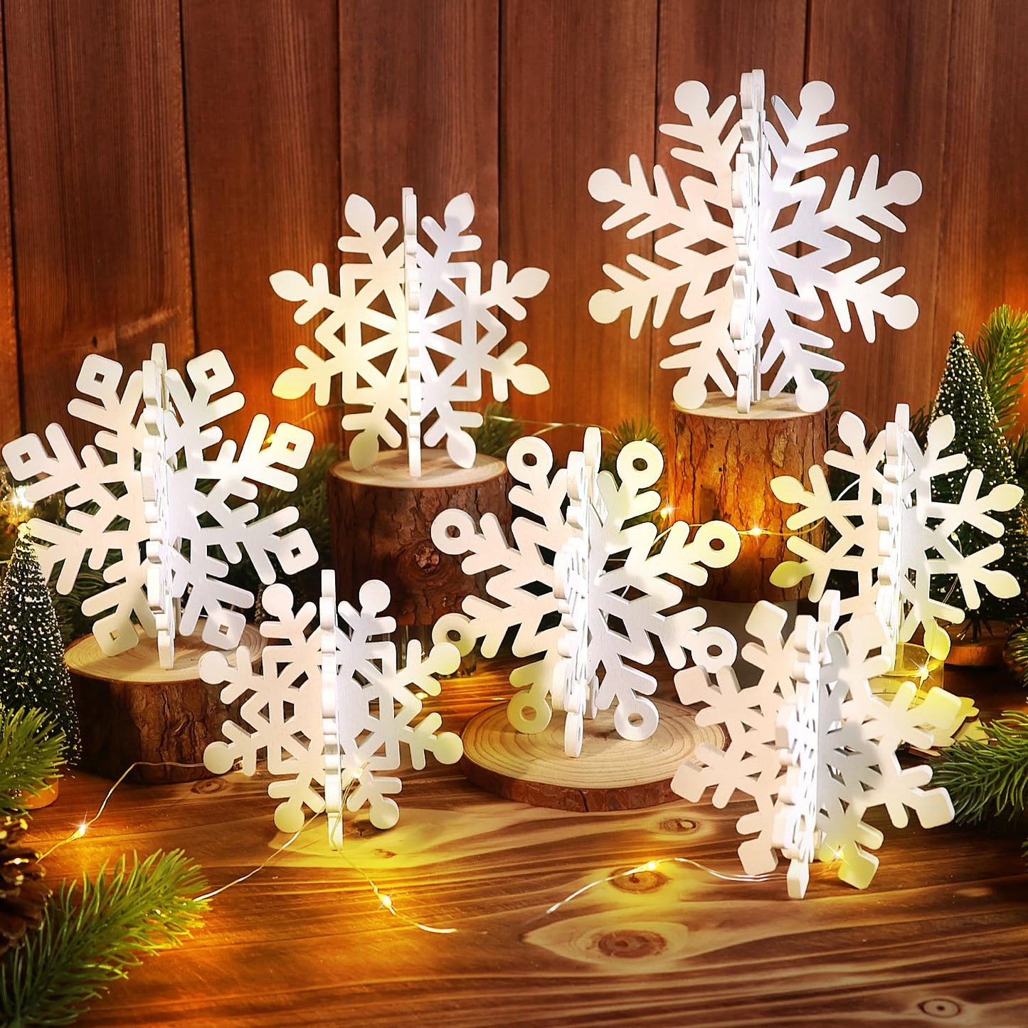 LHMTQVK 15 Pcs White Wooden Snowflakes Christmas Centerpiece Table Decorations - 7 Set 3D Snowflakes and Lights for Winter Wonderland Home Wedding Birthday Christmas Decor