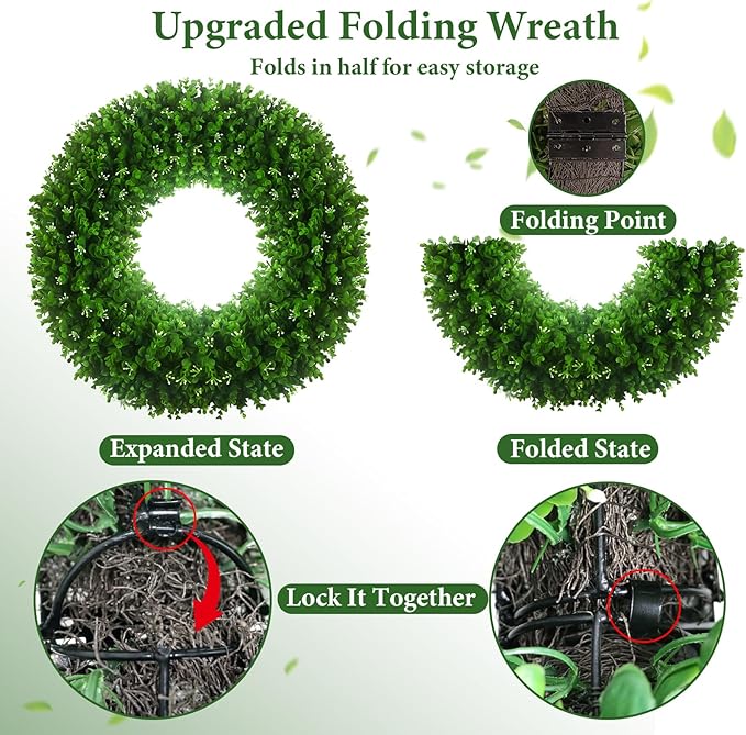 Large Artificial Boxwood Wreath 30-32'', UV Resistant 310 Leaves & 140 Flower Core, Green Wreath Ribbon for Front Door Outdoor Indoor Window Wall Hanging Decoration All Seasons(Foldable)