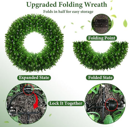 Large Artificial Boxwood Wreath 30-32'', UV Resistant 310 Leaves & 140 Flower Core, Green Wreath Ribbon for Front Door Outdoor Indoor Window Wall Hanging Decoration All Seasons(Foldable)