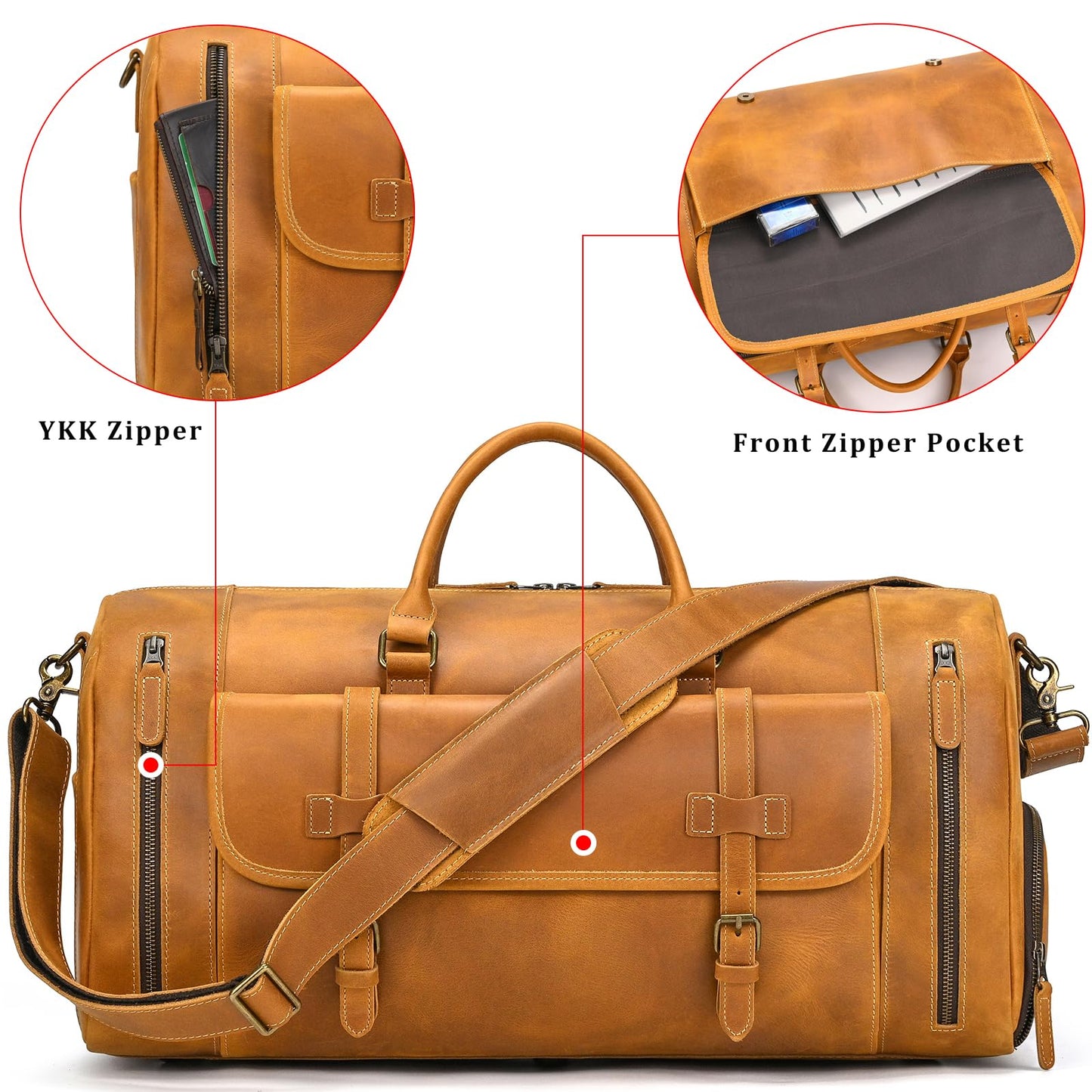 Leather Travel Duffle Bag, Vintage 23" Thick Full Grain Cowhide Travel Bags Leather Overnight Luggage YKK Zipper