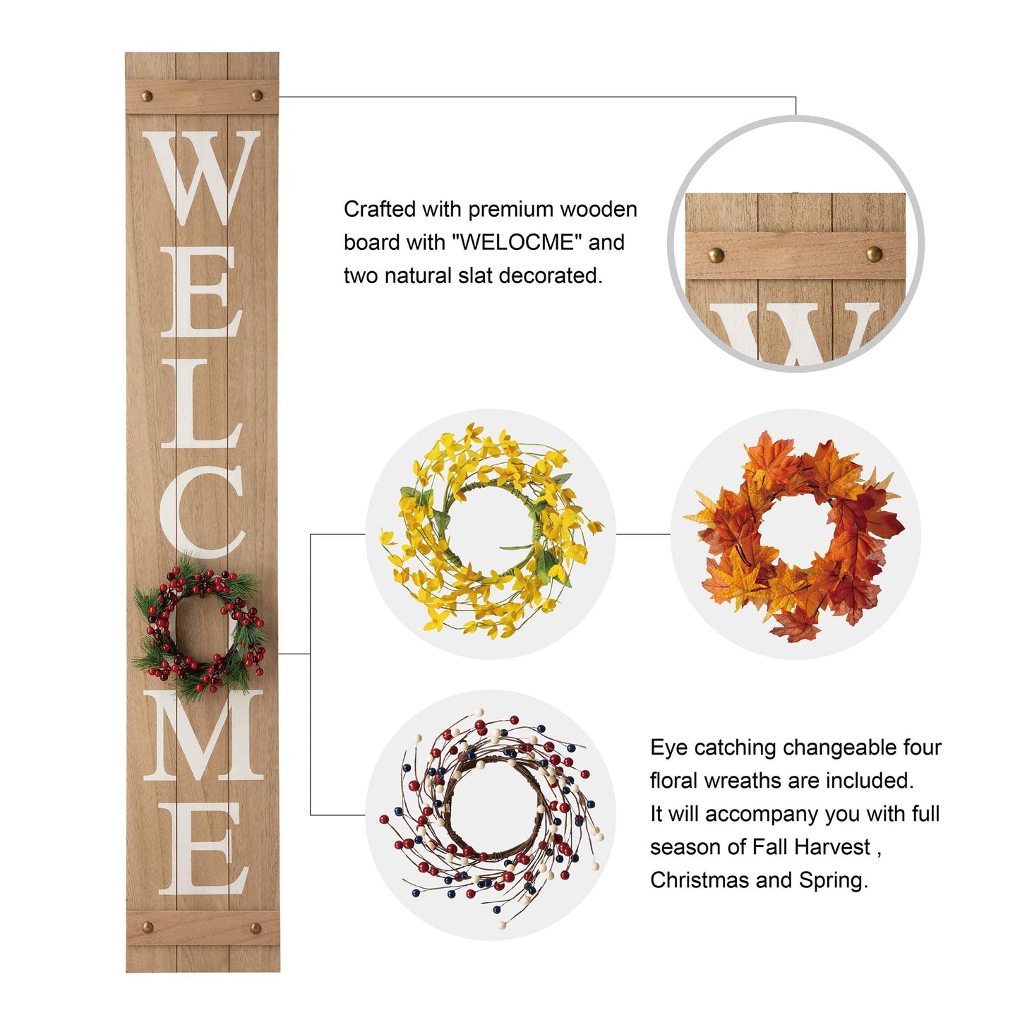 Glitzhome 60”H Welcome Sign with 4 Interchangeable Floral Wreaths for Front Door Porch Farmhouse Wooden Hanging Wall Sign for Seasons Spring Fall Harvest Thanksgiving Christmas
