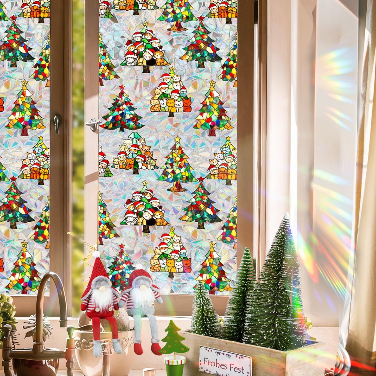 Christmas Window Privacy Film Cartoon Cute Animal Window Clings Decoration Privacy Stained Christmas Tree Glass Stickers for Winter and Christmas Party Glass Decor Supplies 17x 39.3 Inch