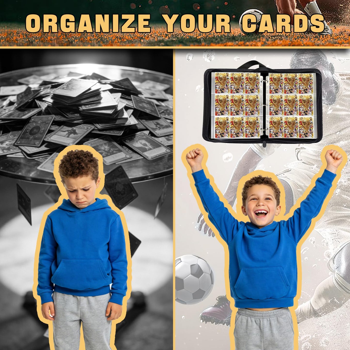 Soccer Card Binder 9 Pocket,Trading Card Binder Fits 900 Cards with 50 Removable Sleeves,Waterproof PU Leather 3-Ring Zipper Card Organizer,Portable Card Holder for Football Fans ＆ Collectors
