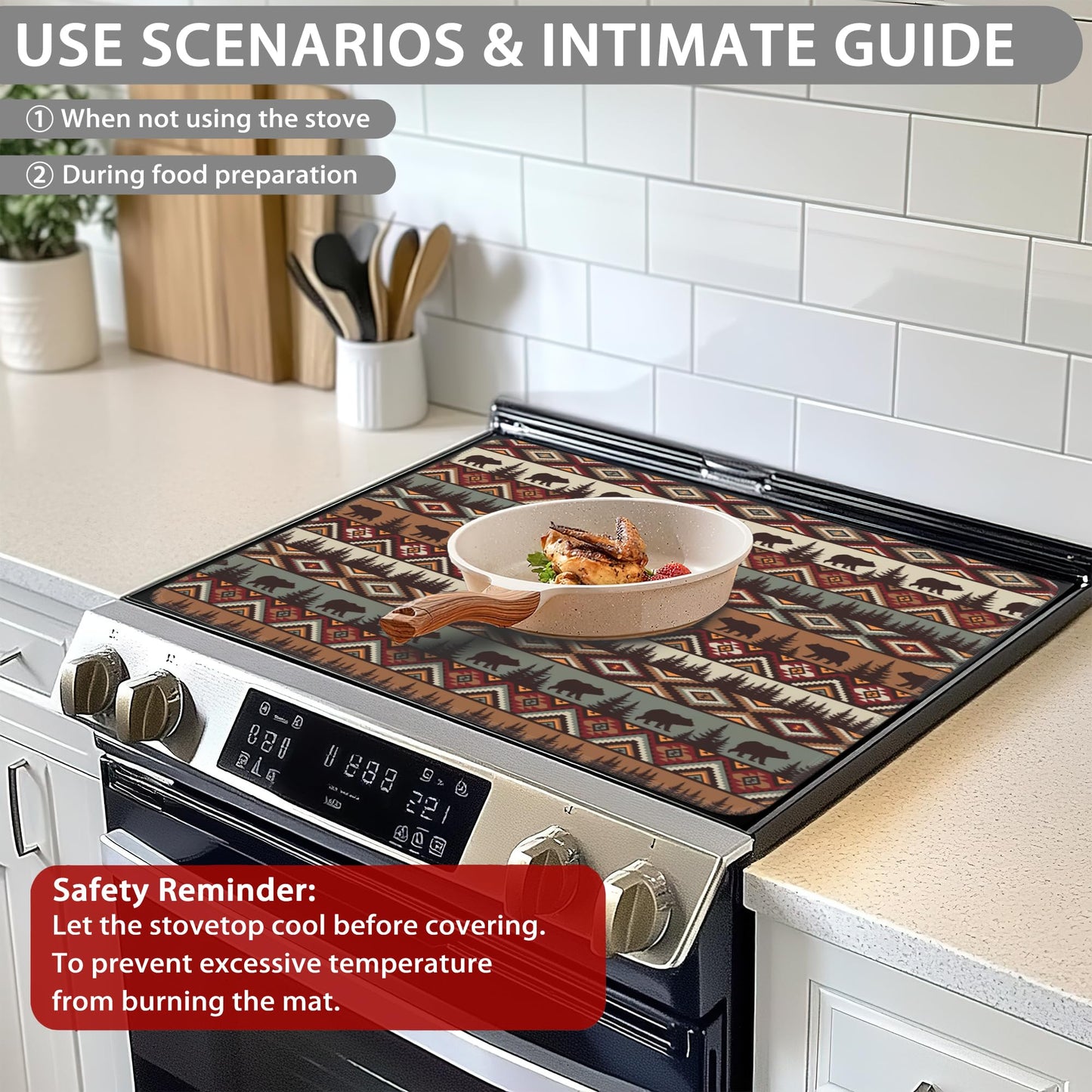 Stove Top Covers for Electric Stove,Forests Bears Indians Rubber Flat RV Range Stovetop Protector,Prevents Scratching, Expands Usable Space 28.5'' x 20.5''