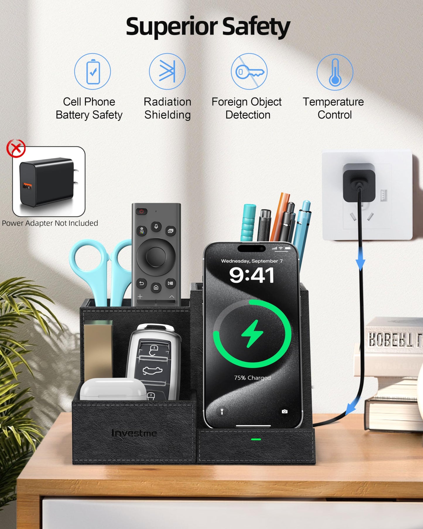 Investme Wireless Charger with Desk Organizer, Pen Pencil Holder, Multifunctional Desktop Organizer, Office Supplies and Desk Accessories Organizer with 3 Compartments and 1 Phone Stand, PU Black
