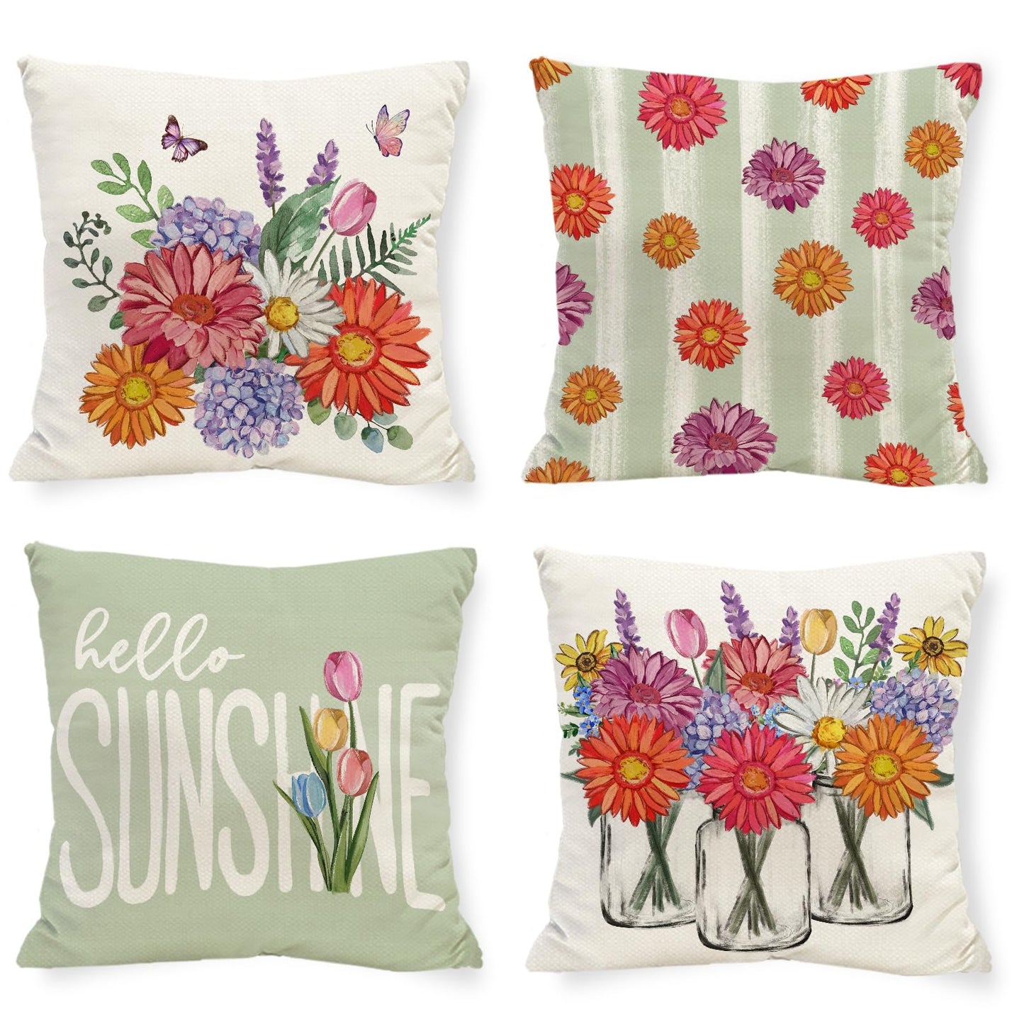 Tikeciti Spring Summer Vibrant Daisies Pillow Covers Blooming Wildflower Vase 18 x 18 Inch Throw Pillows, Hello Sunshine Seasonal Decorative Farmhouse Cushion Case for Sofa Couch Set of 4