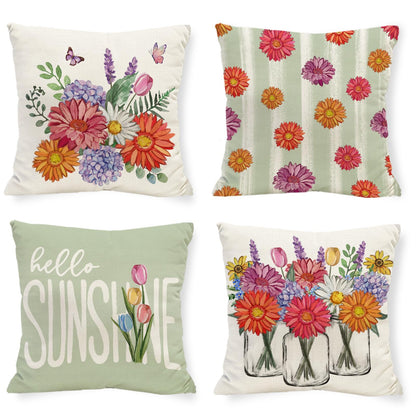 Tikeciti Spring Summer Vibrant Daisies Pillow Covers Blooming Wildflower Vase 18 x 18 Inch Throw Pillows, Hello Sunshine Seasonal Decorative Farmhouse Cushion Case for Sofa Couch Set of 4