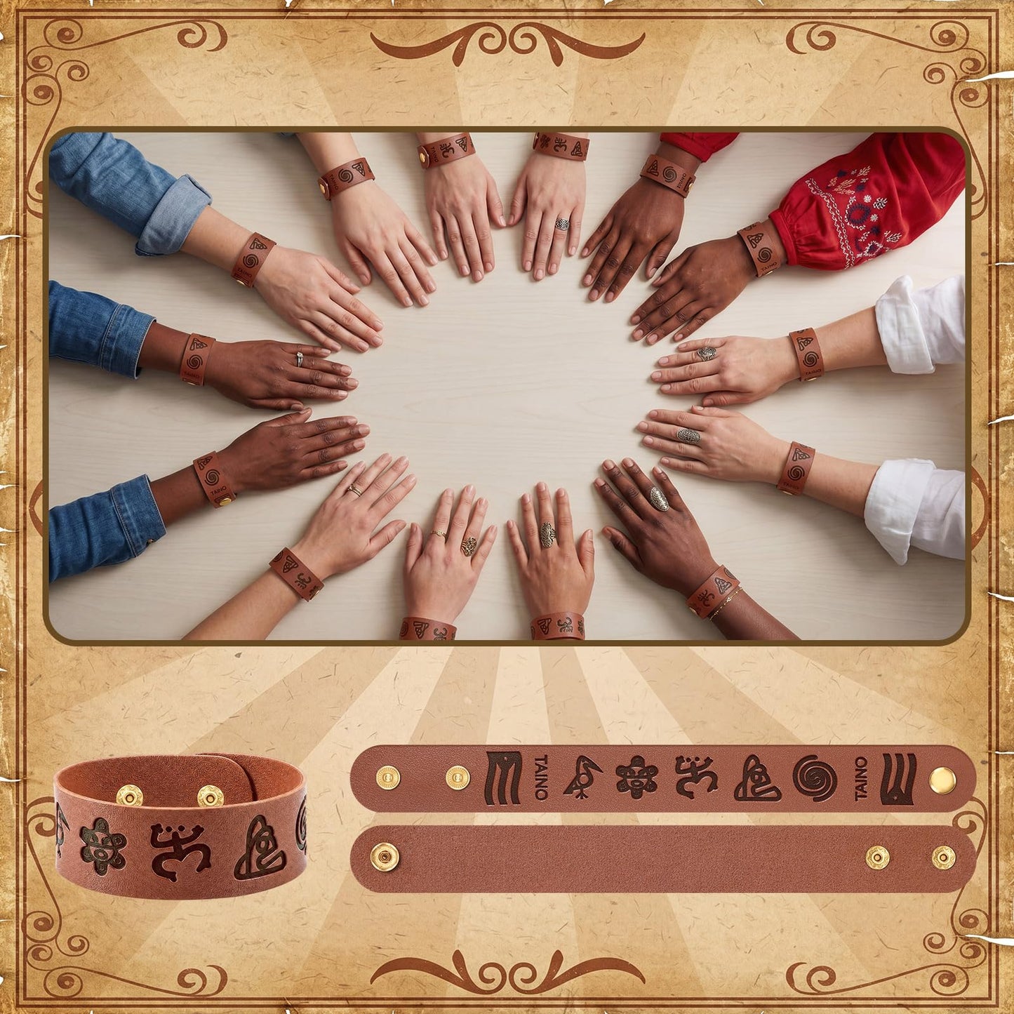 Cunno 12 Pcs Adjustable Taino Leather Bracelets, Boricua Cultural Art Gift Bulk Puerto Rico Coqui Frog Sun Tribal Wrap Bracelets Pack Puerto Rican Indigenous Symbol, Taino Souvenir Gift for Men Women