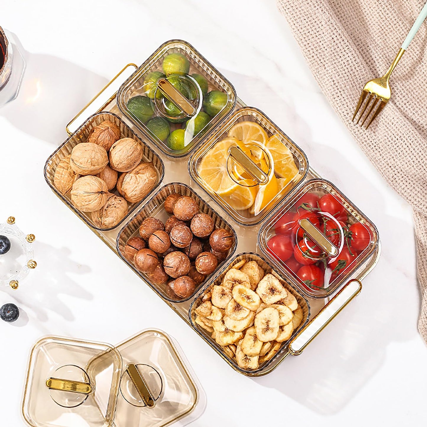 WUWEOT Nut and Candy Serving Tray, Divided Snack Serving Bowls, Plastic Compartment Appetizer Food Display Dish Platter with Lid Tray and Handle for Fruit Dessert Nuts Snacks Candy Chip Dip