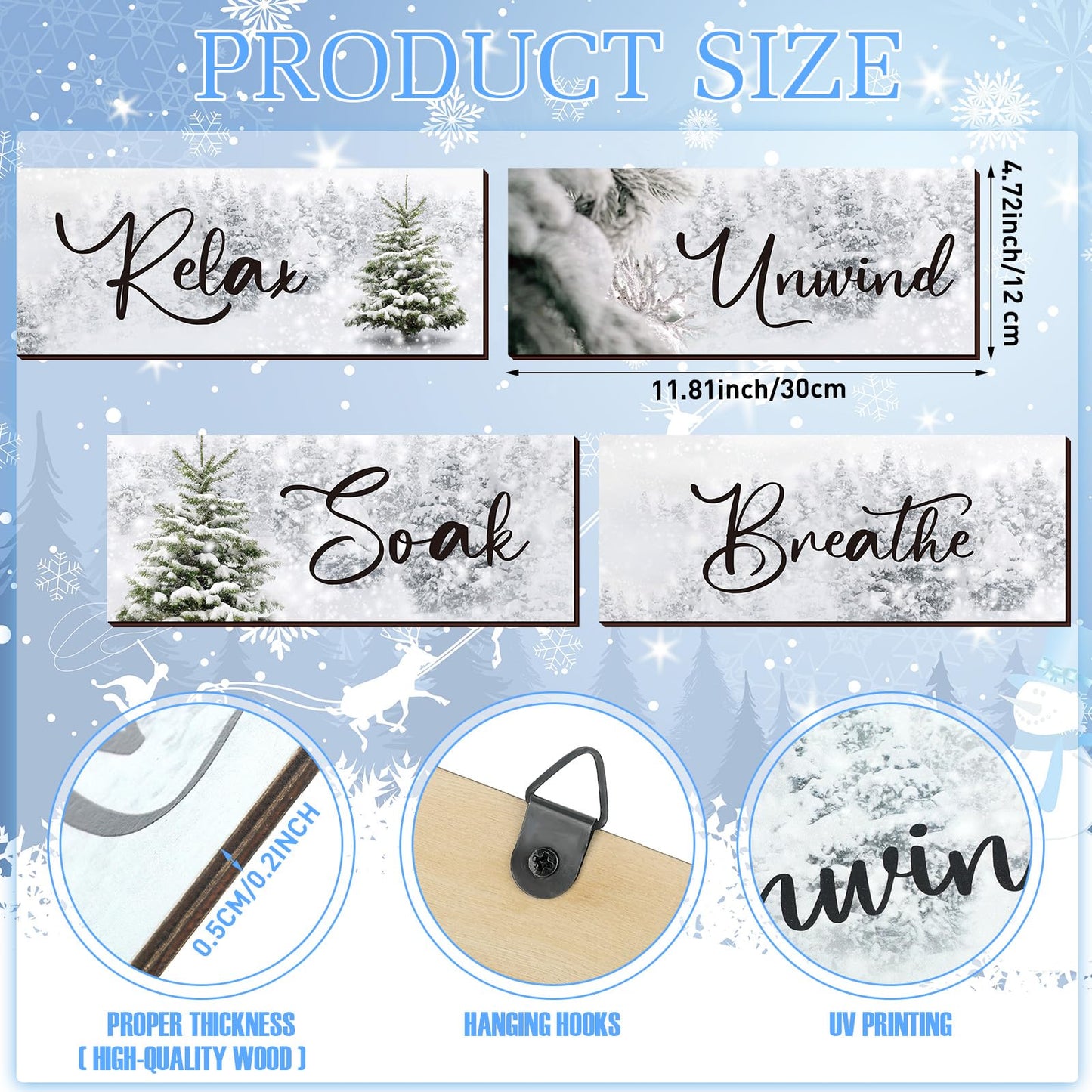Huwena 4 Pcs Winter Bathroom Wall Decor Winter Wooden Decor Relax Soak Breathe Unwind Art Hanging Wall Pediments Rustic Xmas Wooden Sign for Xmas Home Living Room Laundry Spa(Tree)