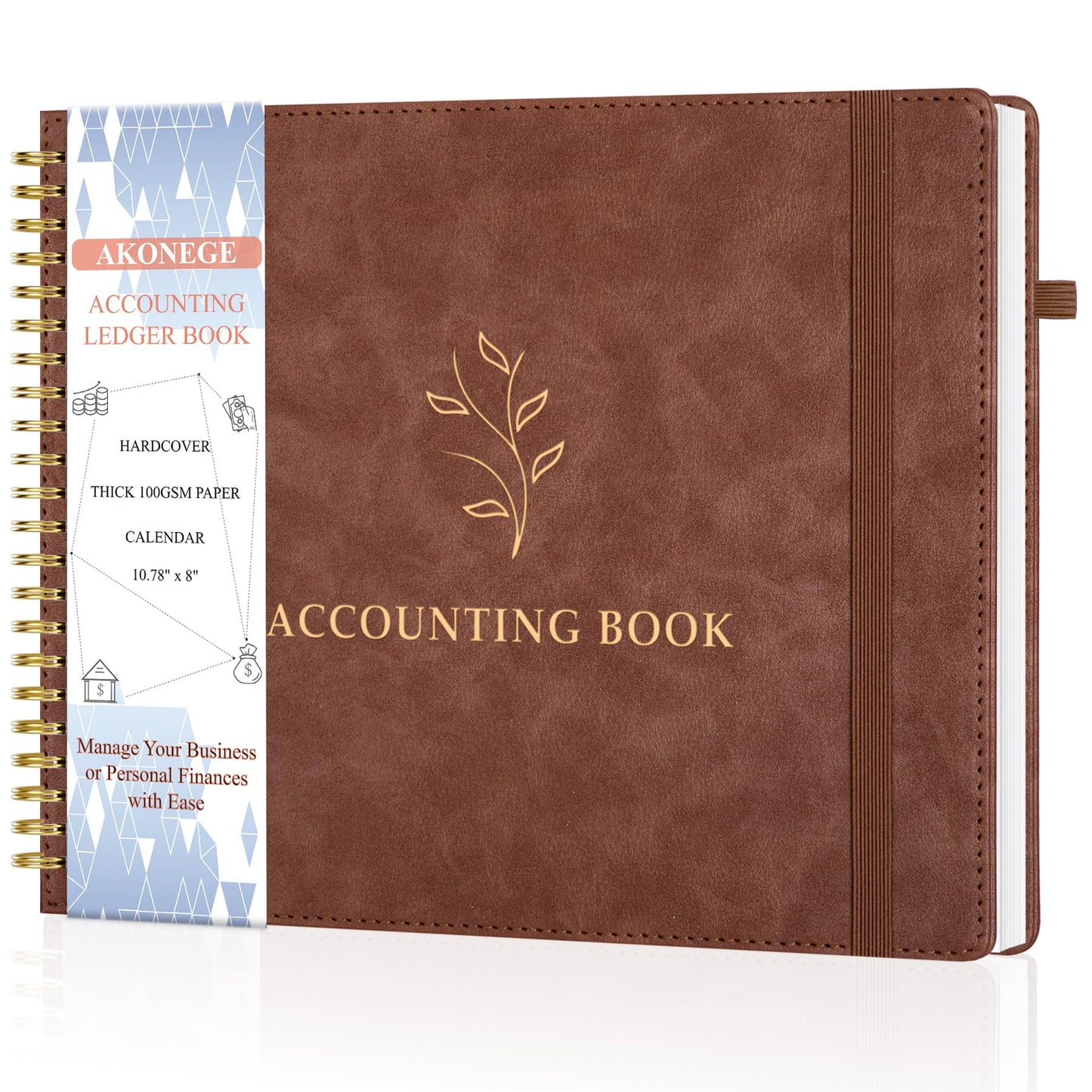 AKONEGE Accounting Ledger Book for Personal & Small Business Bookkeeping, Horizontal Income and Expense Tracker Notebook with Calendar, Hardcover Columnar Log Journal 10.78'' x 8'', Brown
