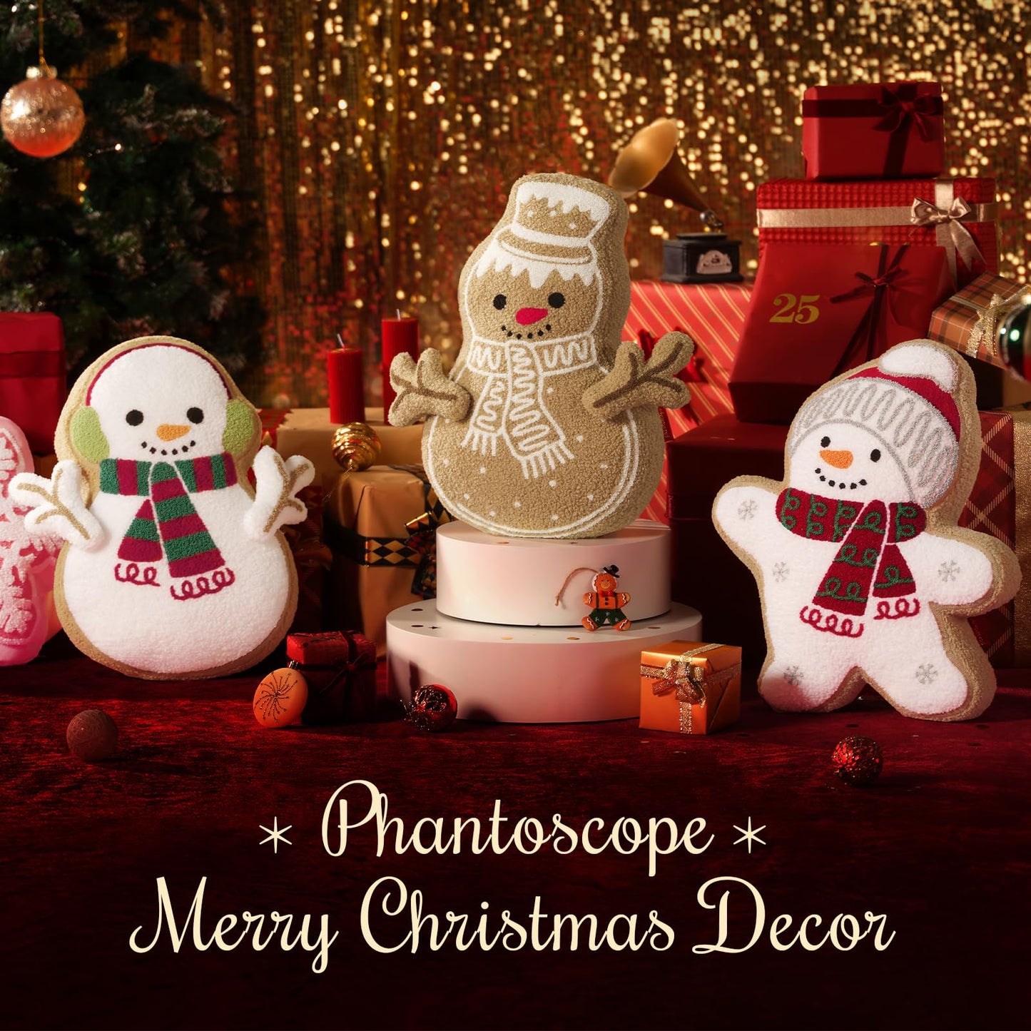 Phantoscope Gingerbread Merry Christmas Throw Pillow, Plush Teddy Xmas Gingerbread Snowman Shaped Pillows with DIY Branch Arms, Christmas Decorative Pillow for Couch, Beige, 19x11.5 inches
