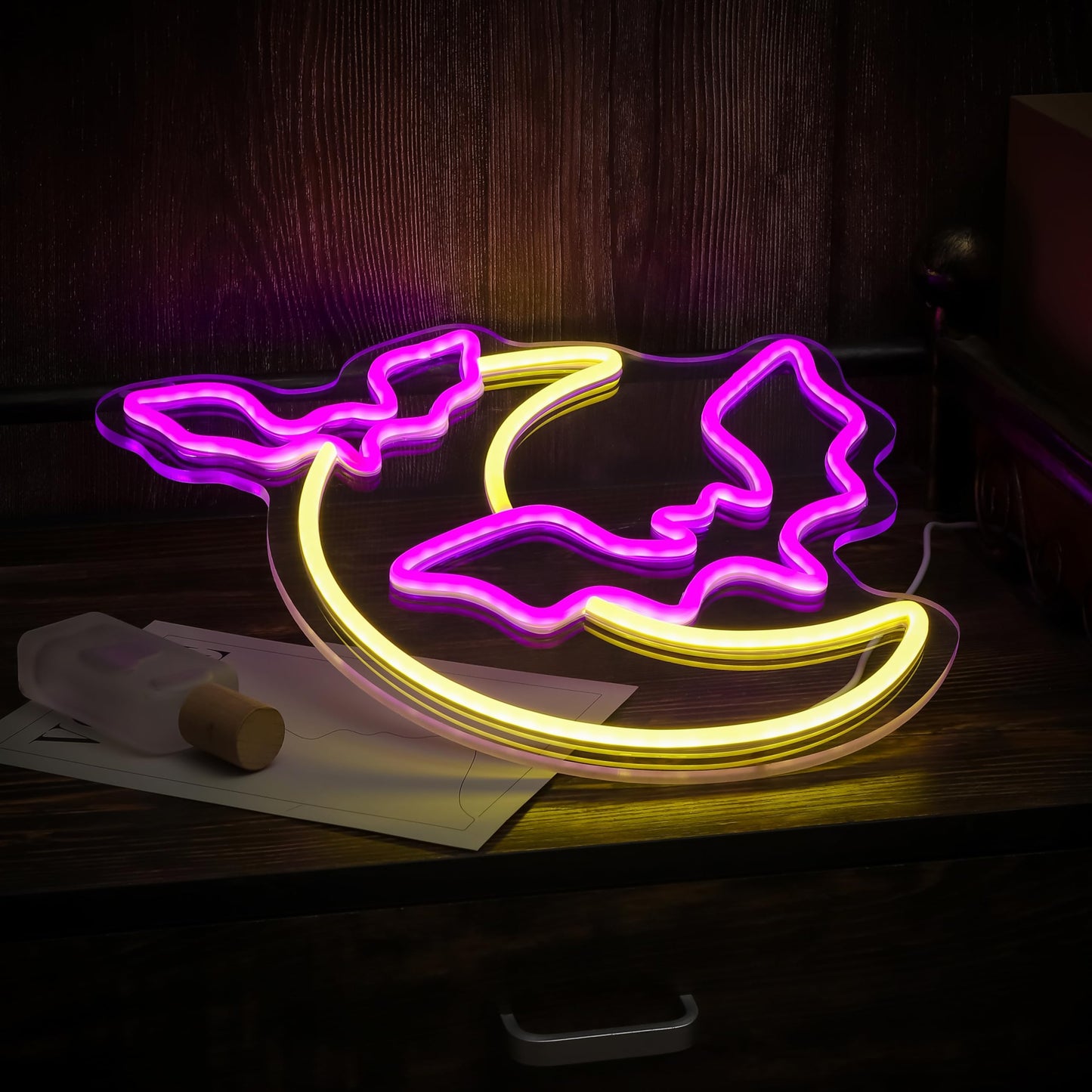 Halloween Decorations Neon Signs, Moon and Bat LED Light,Neon Light up Halloween Party, USB Powerd Gothic Neon Lamp for Festival Wall Decor, Bar, Bedroom,Living room, Wedding,Halloween