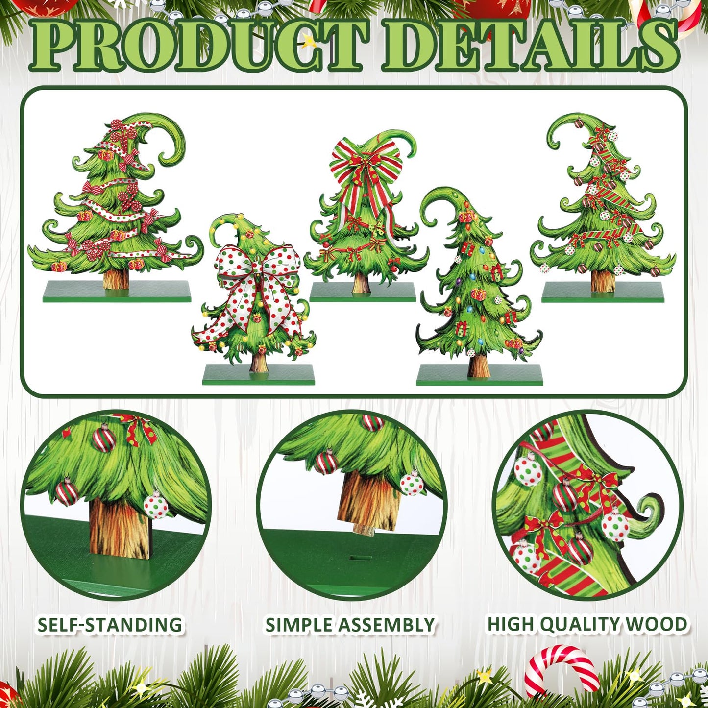 Pinkunn 5 Pcs Whimsical Christmas Table Decorations Wooden Lime Green Christmas Tree Table Centerpieces Lime Green Xmas Tree Wood Sign for Home Tabletop Ornament Holiday Xma Party Tiered Tray Decor