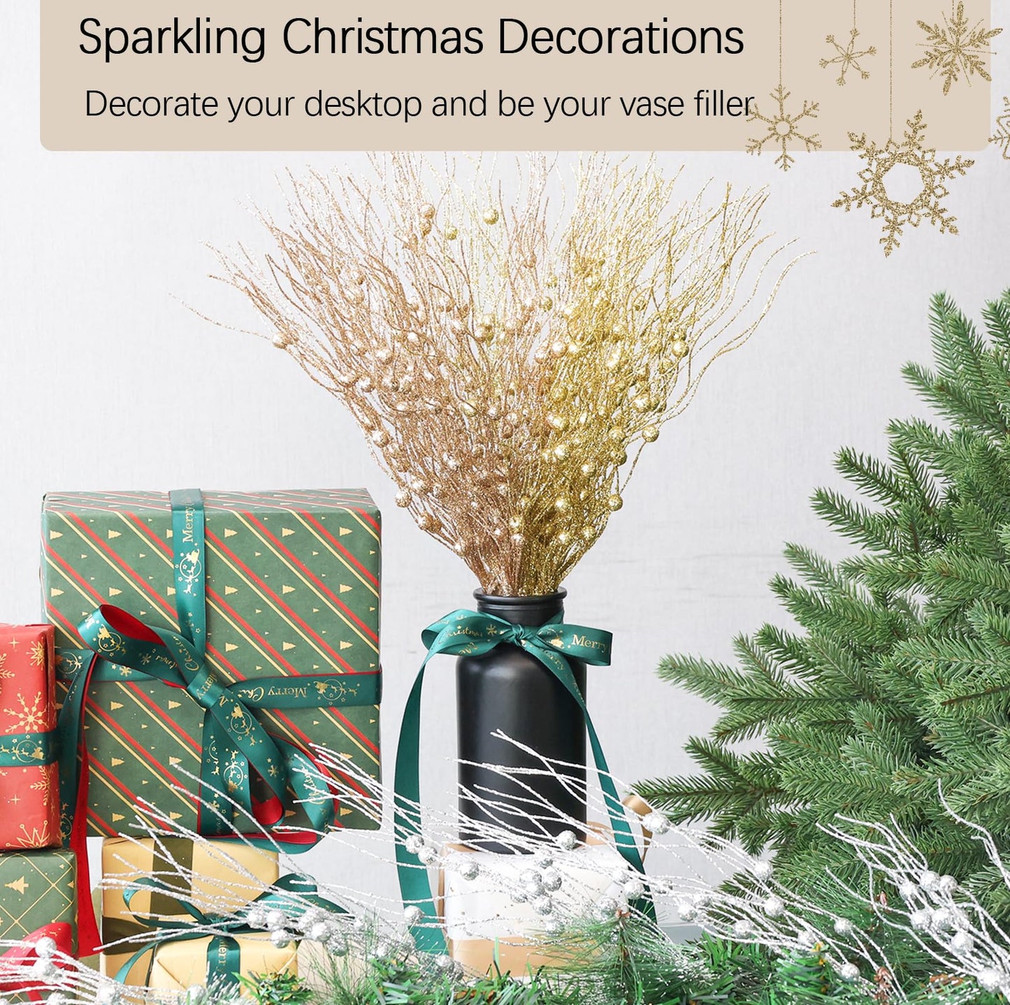 Artificial Glitter Berry Stem Ornaments, 10 Pack Decorative Bead Sticks, Christmas Picks, Glittery Twigs Branches for Christmas Tree DIY Wreath Crafts Vase Filler Home Decor (Champagne, 10 PACK)