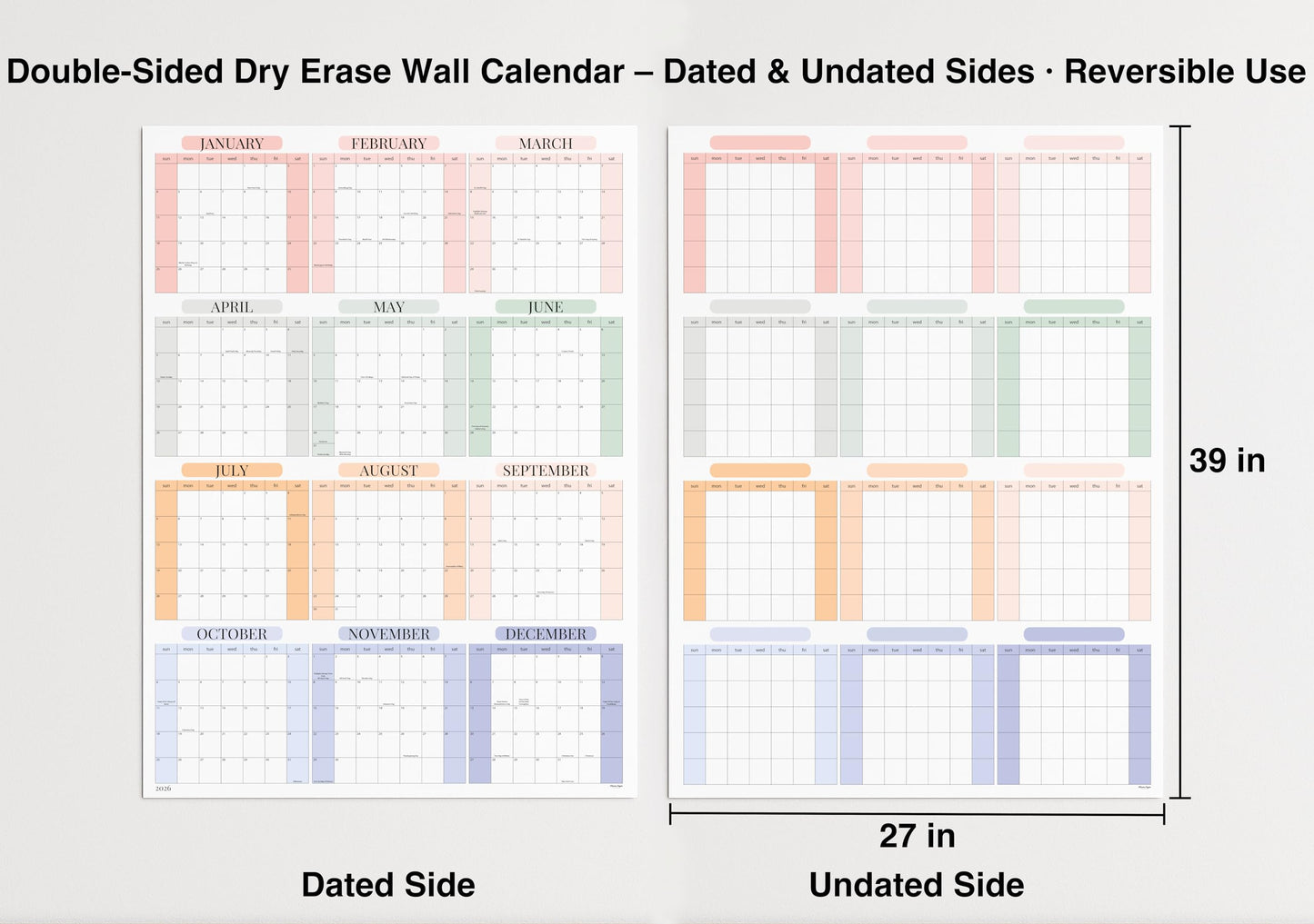 Dry Erase Wall Planner (27×39 in) – Double-Sided Reusable Yearly Planner with Undated Planning Board & 2026 Calendar Reference, Large Laminated Write & Wipe Wall Calendar for Home, Office, Classroom