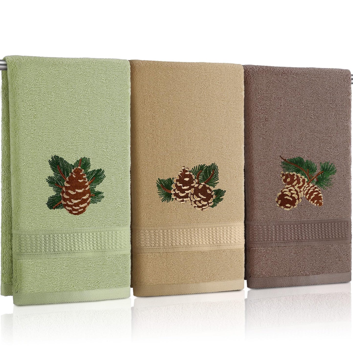 FuWeave 3 Pcs Rustic Pine Cone Hand Towels for Bathroom Christmas Decor, Pinecones Branch Embroidered Decorative Towels for Bathroom Kitchen Holiday Decor, 100% Cotton, 13.3 x 29.5''