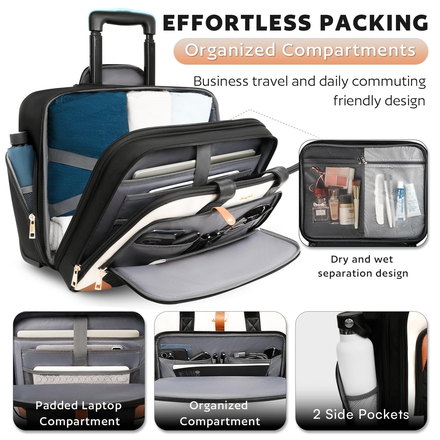 Arcoyard Rolling Laptop Bag, Rolling Briefcase for Women with Waterproof Pocket, 16 Inch Computer Bag, Underseat Carry On Luggage with Wheels for Work Travel Business, Lightweight Beige Brown