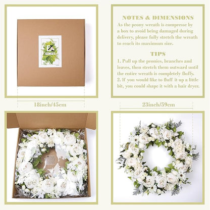 Peony Wreath 23" Floral Artificial Wreath for Front Door Wall Decor Home Décor Festival Celebration Wedding Party New Owners Seasonal Decoration Housewarming Gifts EZsenses (White)