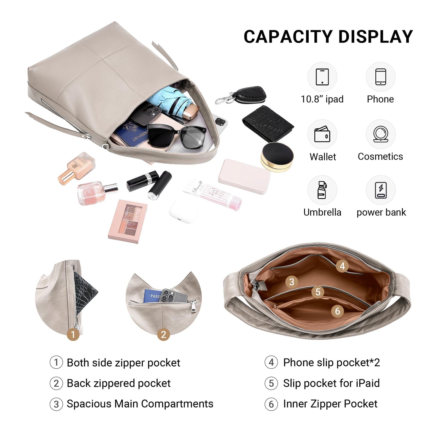 Morriloom Genuine Leather Hobo Bags for Women Crossbody Purses Work Tote Bag Designer Shoulder Handbags with 2 Straps, Gray