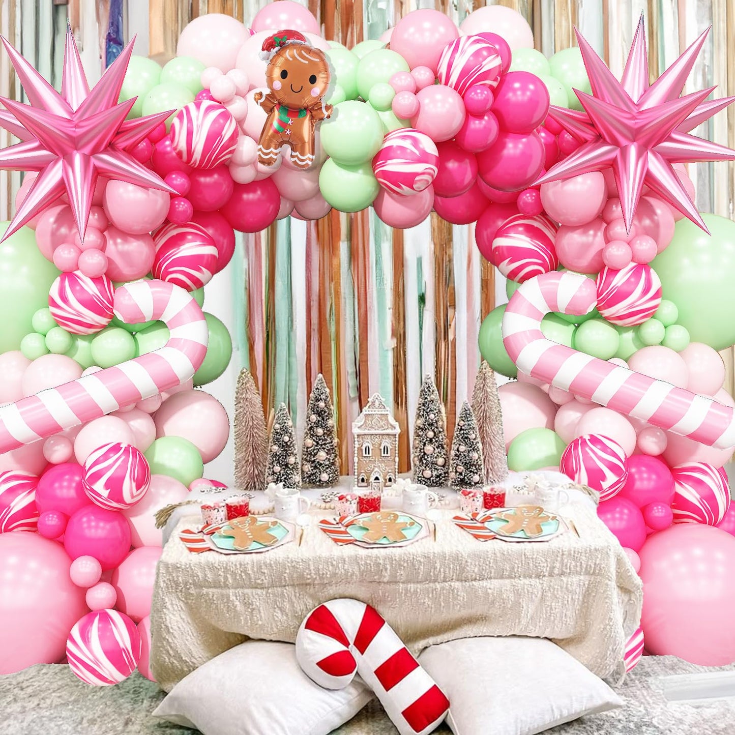 Christmas Balloon Arch Pink Green Balloons Garland Candy Cane Crutch Foil Balloons Explosion Star Xmas Pastel Agate Hot Pink Latex Helium Balloon Gingerbread Man New Year Birthday Party Decorations