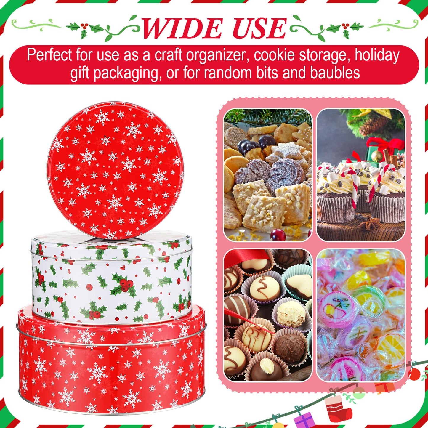 Yaomiao 9 Pcs Christmas Cookie Tins Set 3 Sizes Decorative Cookie Boxes Christmas Tins with Lids Holiday Treats Round Metal Nesting Containers Candy Biscuits Treat Boxes(Snowflakes, Red Berries)