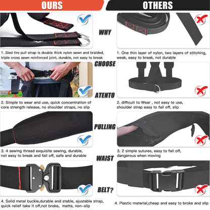 ATENTO Sled Pulling Belt, Adjustable Closure Sled Training Waist Belt,Weight Sled Pull Belt for Tire or Sled Pulling, Squat,Leg Muscles Strength Training, Agility, Resistance Training, Core Power Workout, Belt for Pulling with 2 Pulling Straps & 4 Hooks I