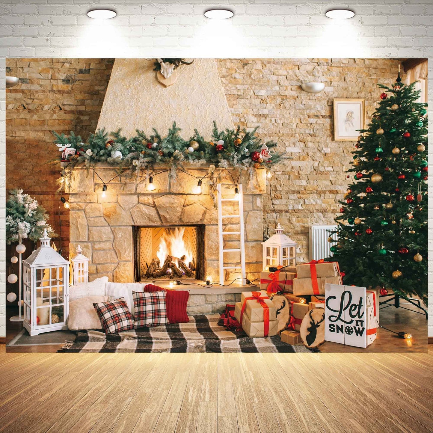 Haboke 10x8ft Christmas Fireplace Theme Backdrop for Photography Christmas Tree Decorations for Xmas Party Supplies Background Pictures Banner Photo Studio Decor Booth Props