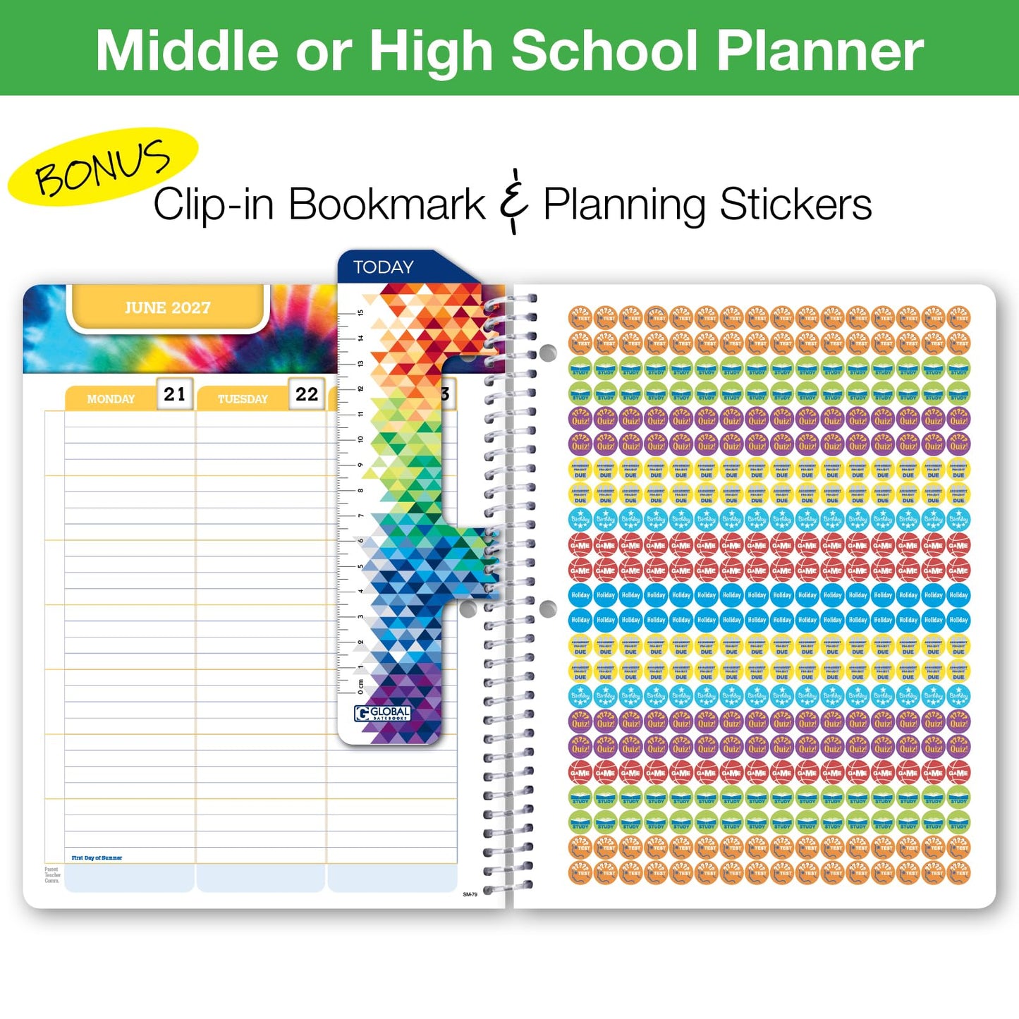 Global Datebooks 2026-2027 Middle & High School Student Planner 7" x 9" - Dated Weekly & Monthly Academic Planner w/Ruler/Bookmark & Stickers, Ideal for Homework, Matrix Style, Slant